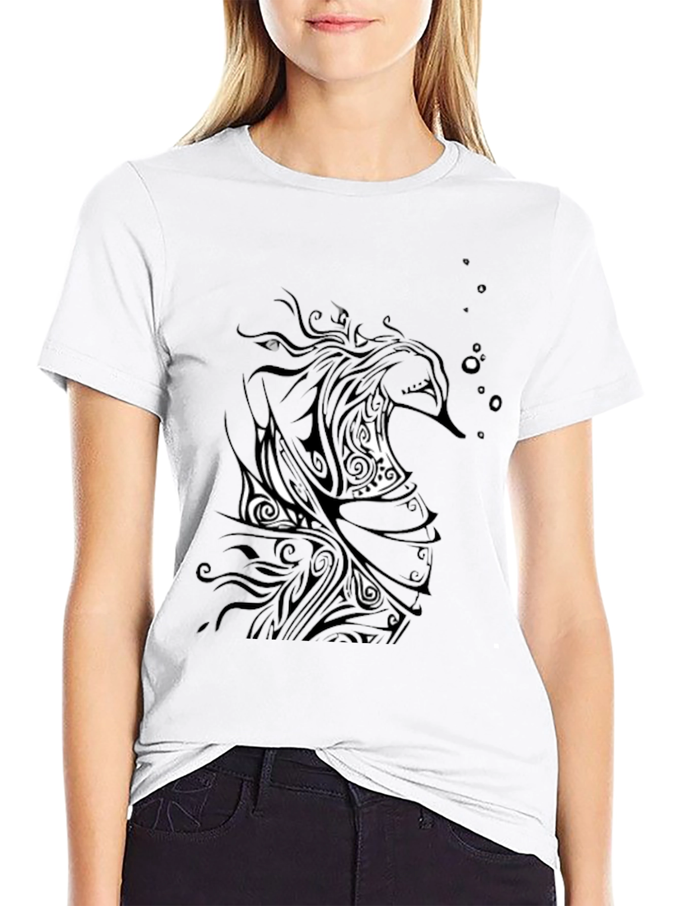 Black Graphic Tee - Abstract Tribal Seahorse Design