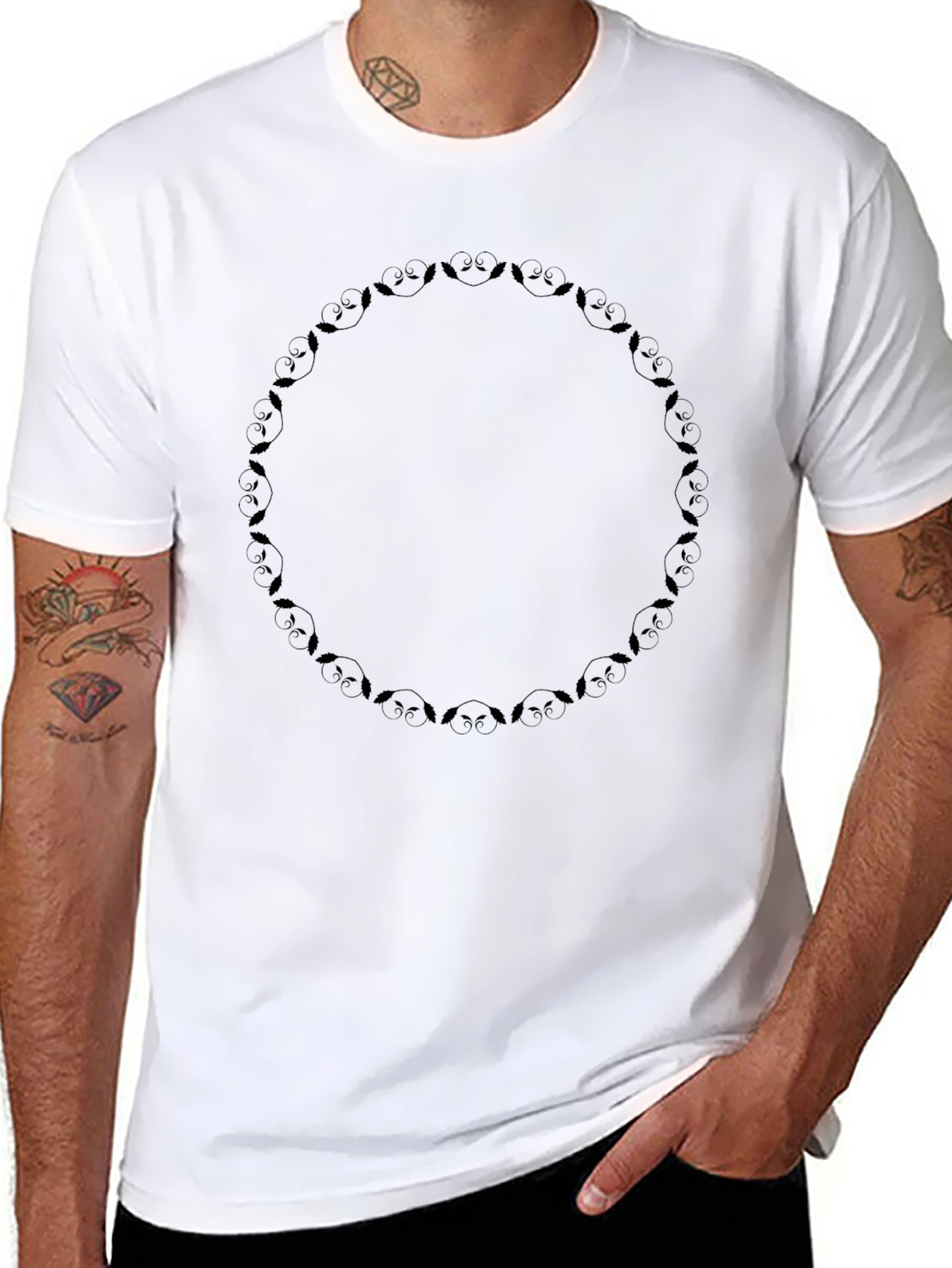Black Graphic Tee: Owl Wreath Design