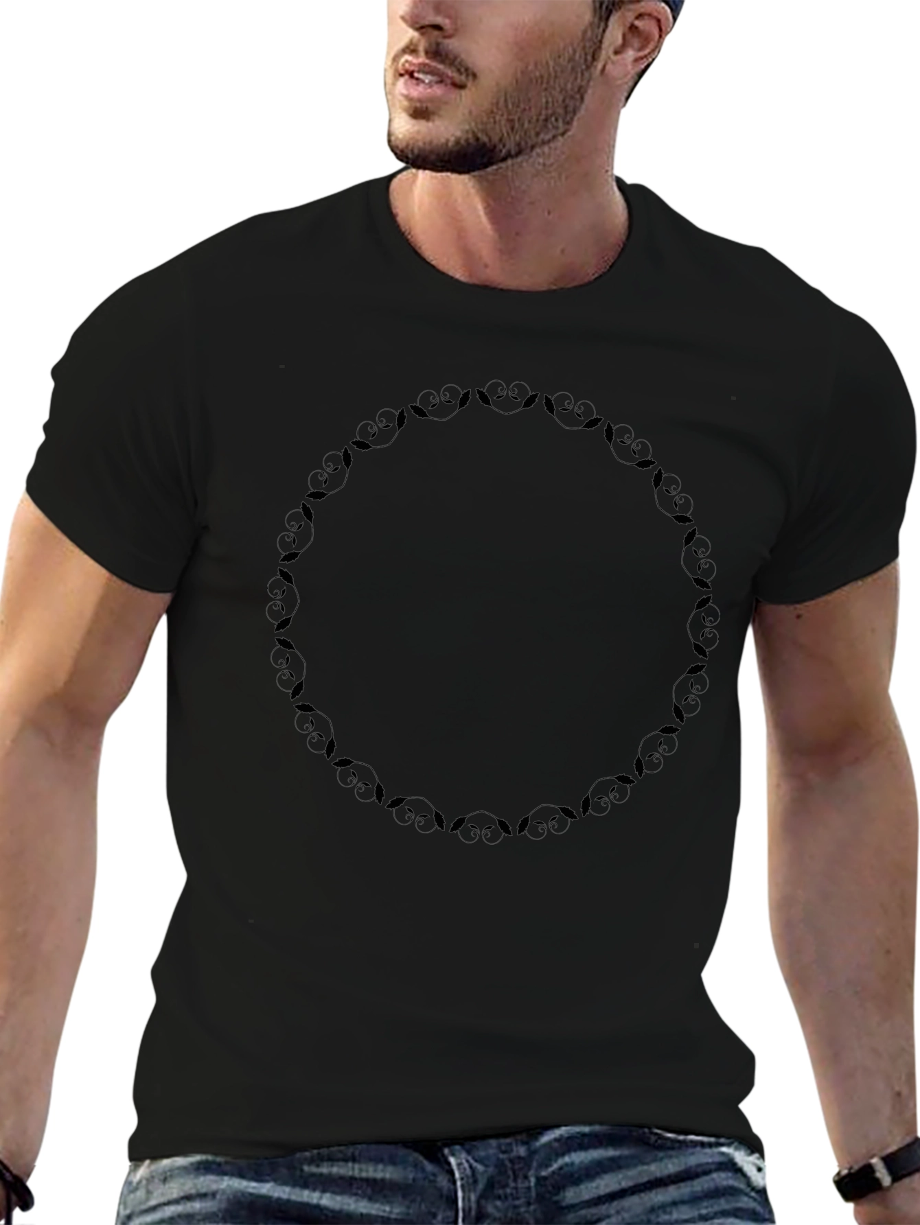Black Graphic Tee: Owl Wreath Design