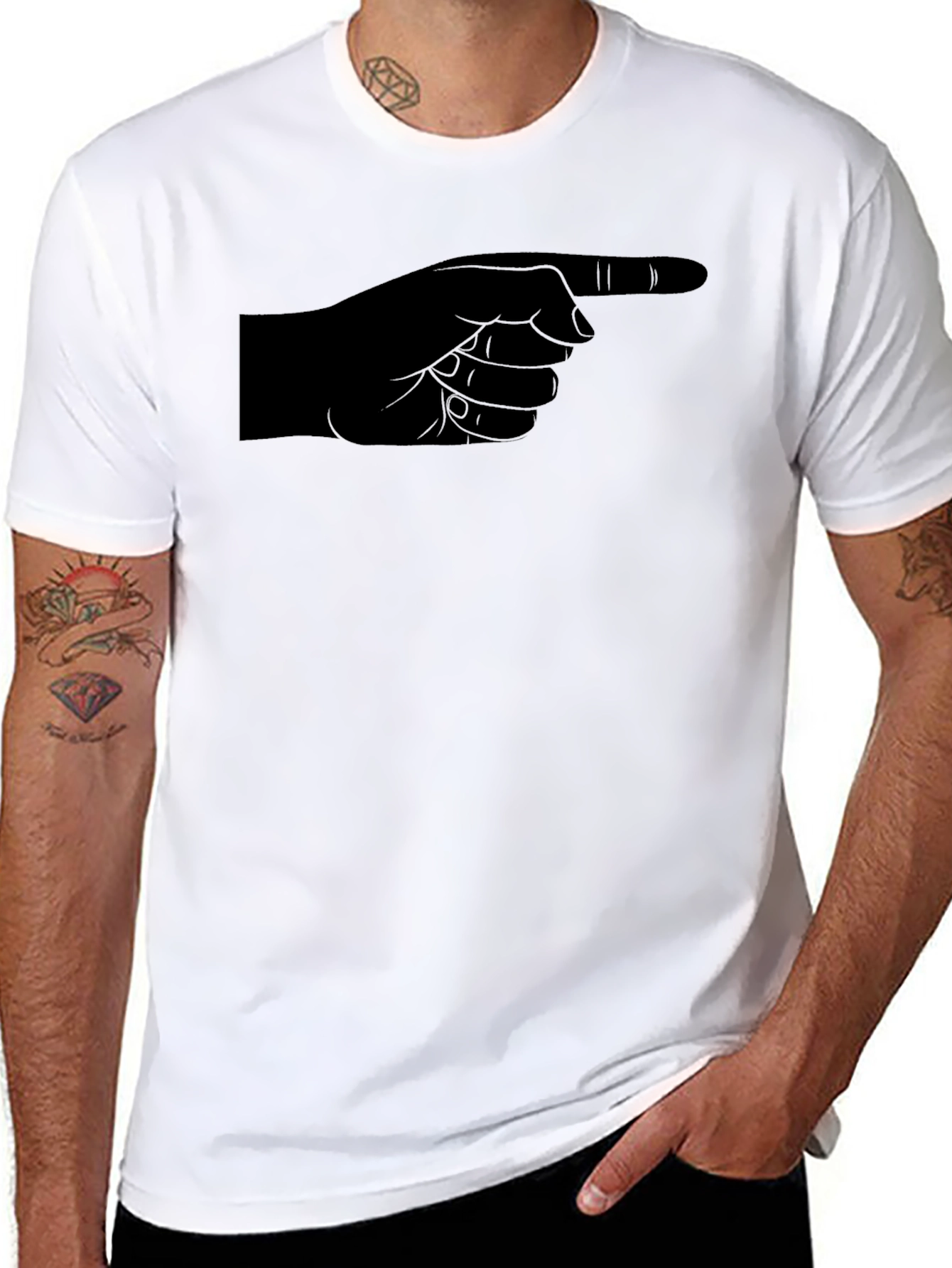 Pointing Finger Graphic Tee - Black Cotton Casual Shirt