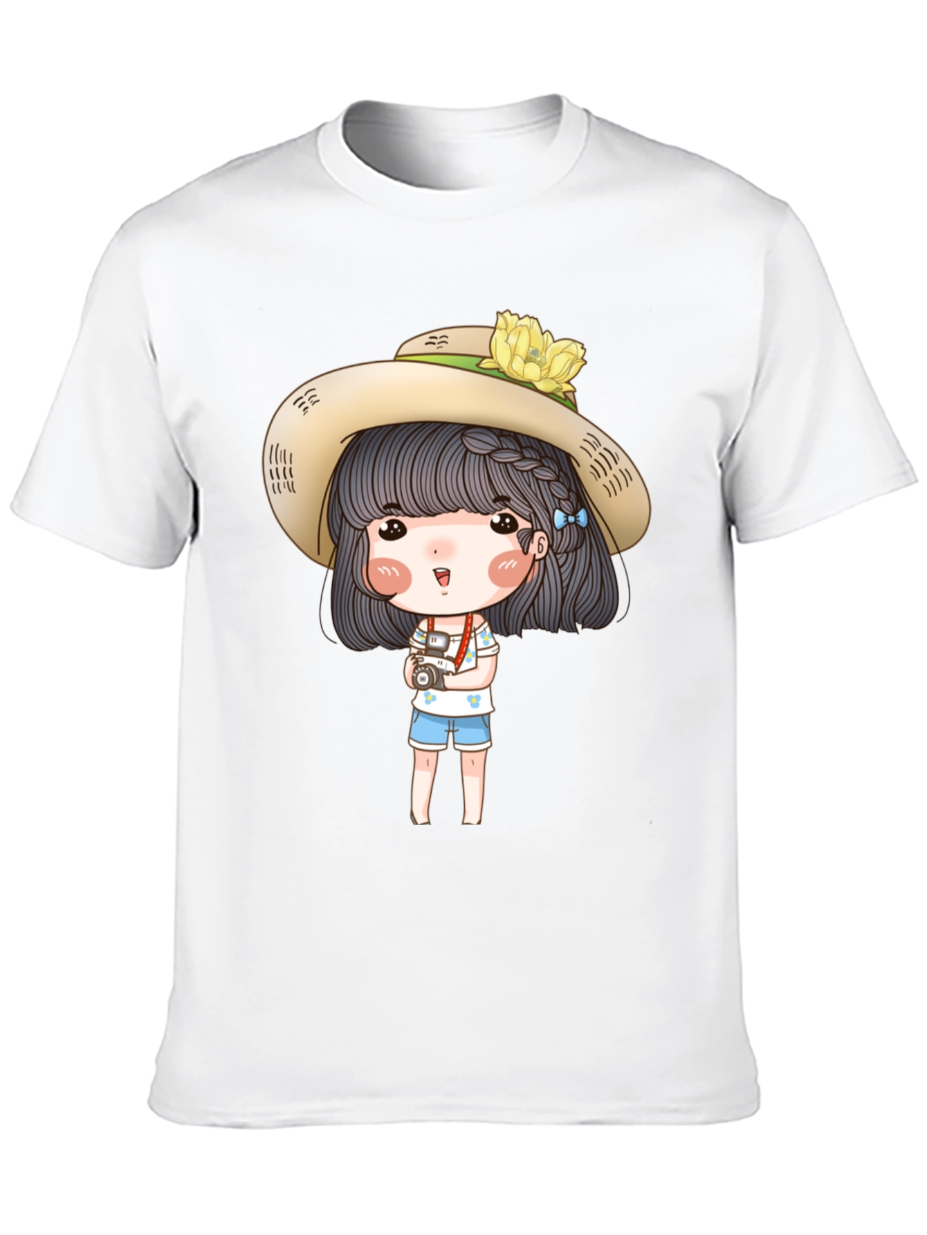Cartoon Girl with Camera Graphic Tee - Black
