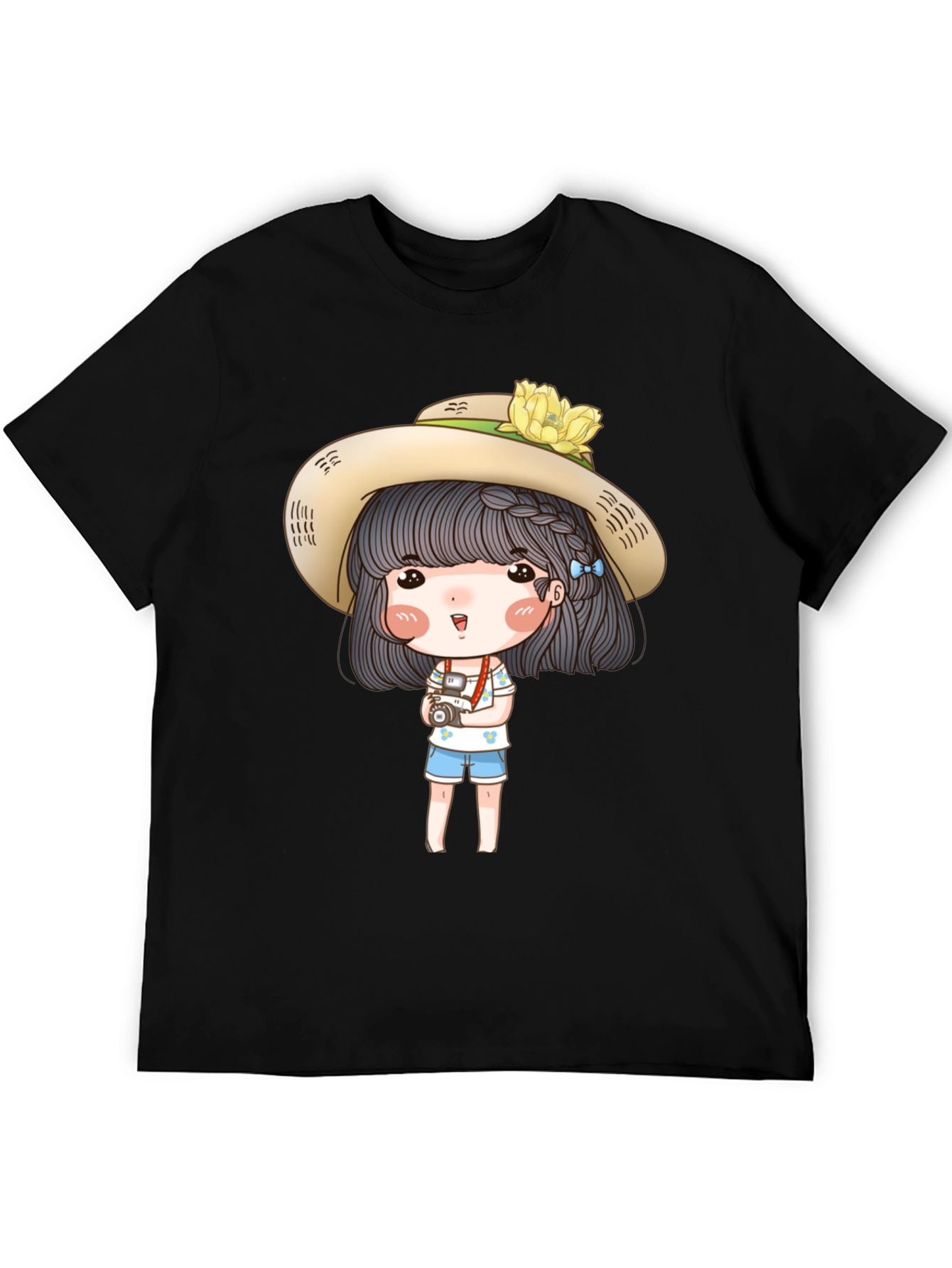 Cartoon Girl with Camera Graphic Tee - Black