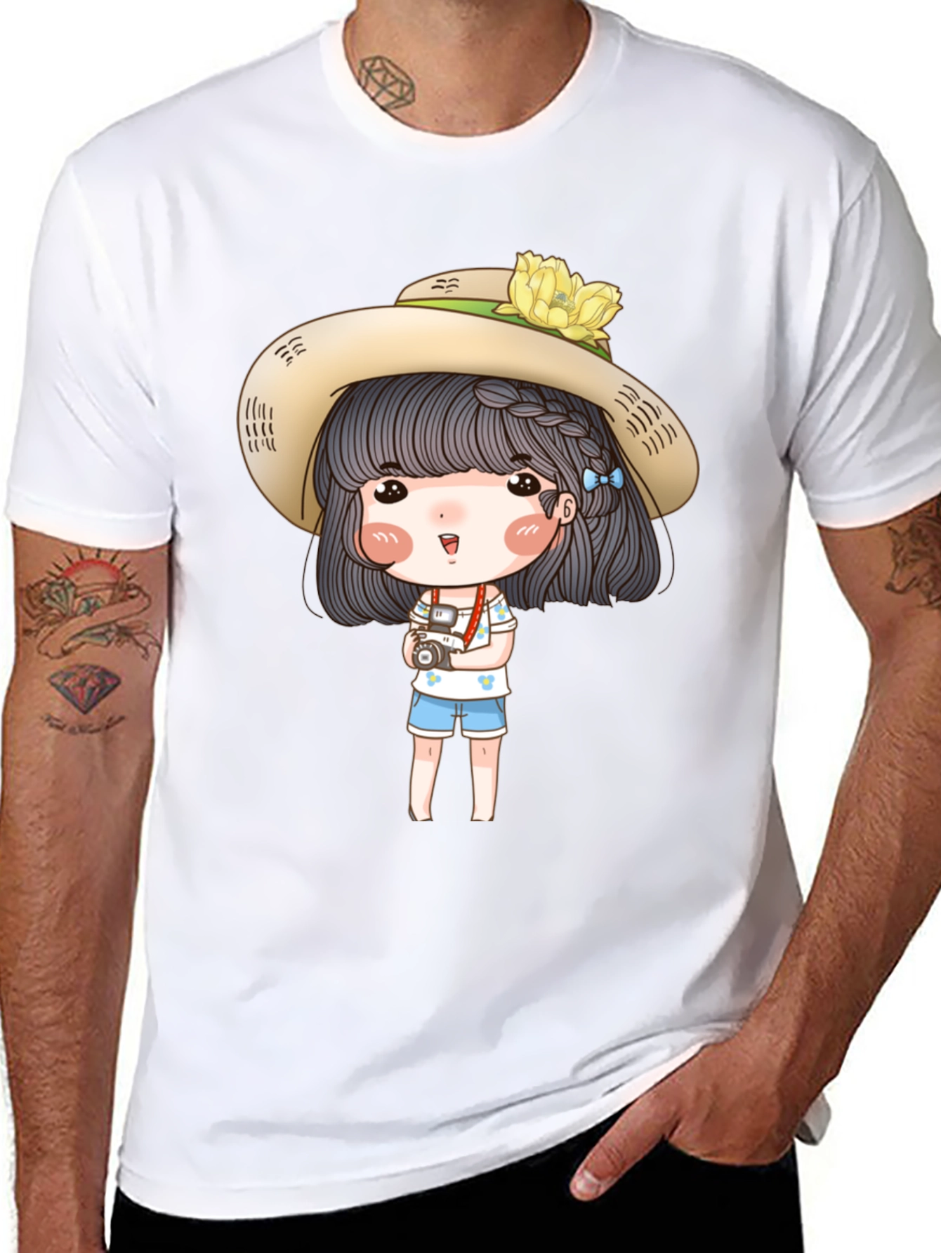 Cartoon Girl with Camera Graphic Tee - Black