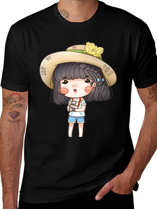 Cartoon Girl with Camera Graphic Tee - Black