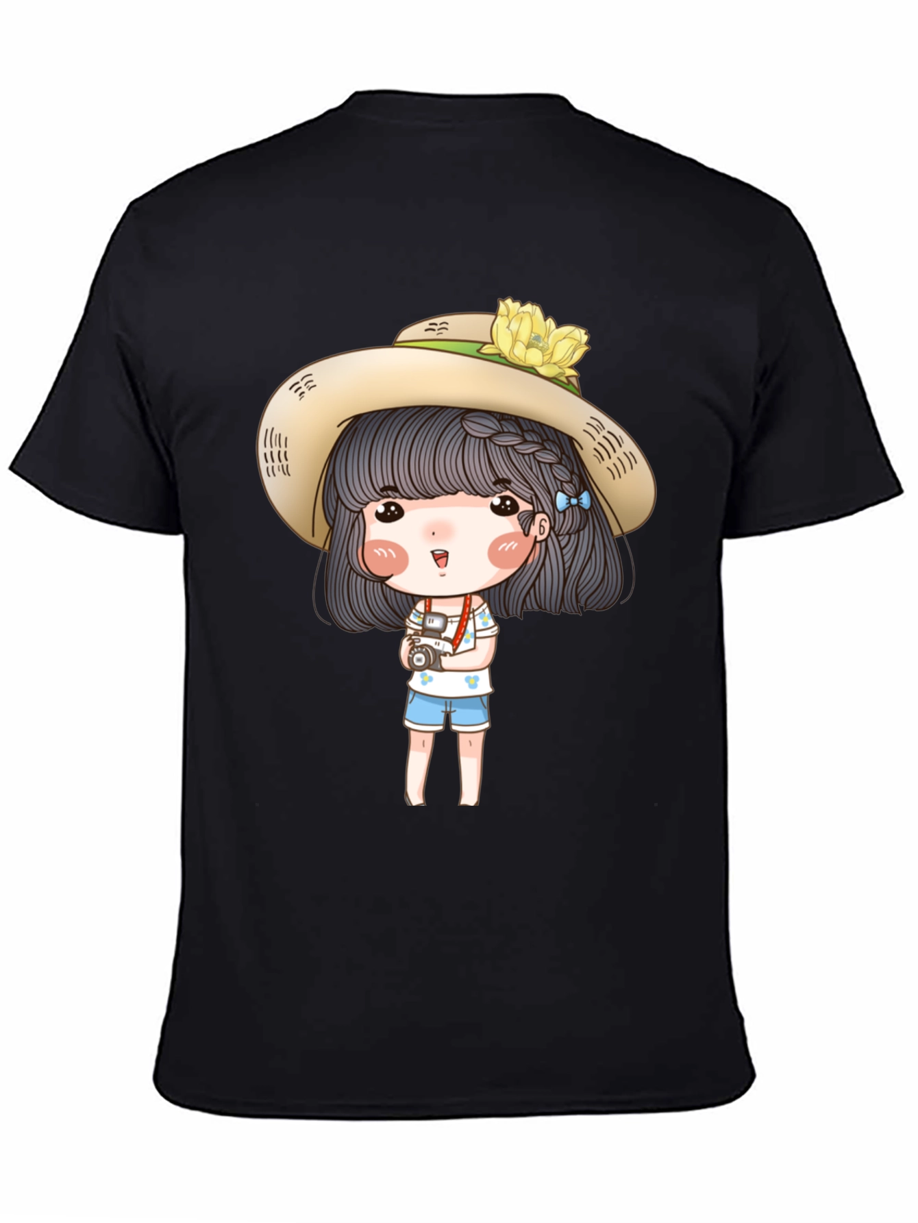 Cartoon Girl with Camera Graphic Tee - Black