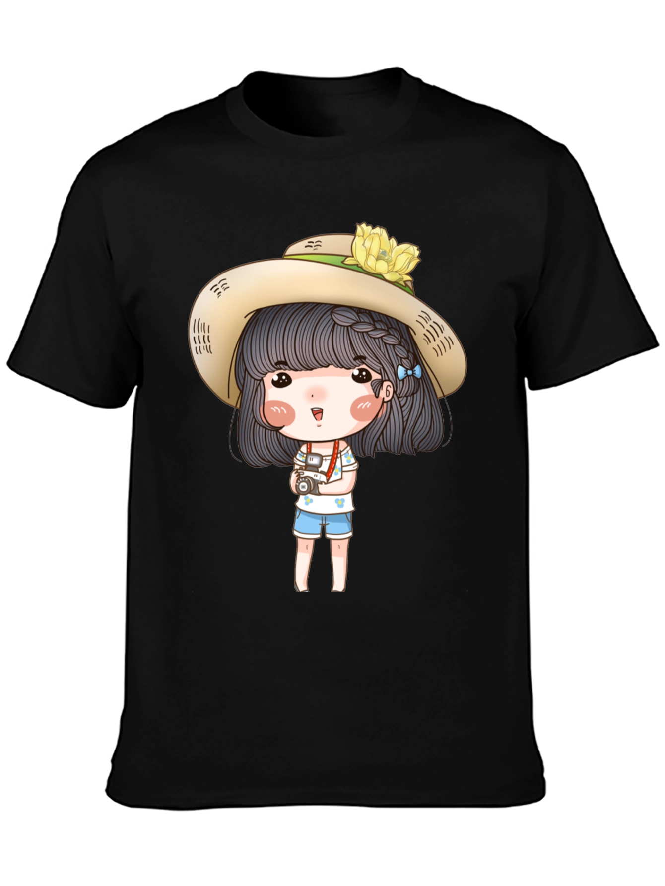 Cartoon Girl with Camera Graphic Tee - Black