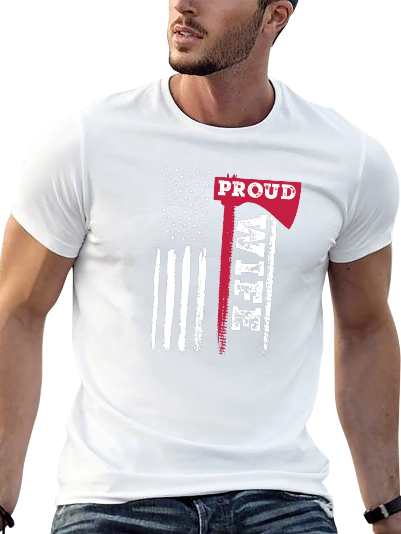 Proud Firefighter Wife T-Shirt - Axe American Flag Design