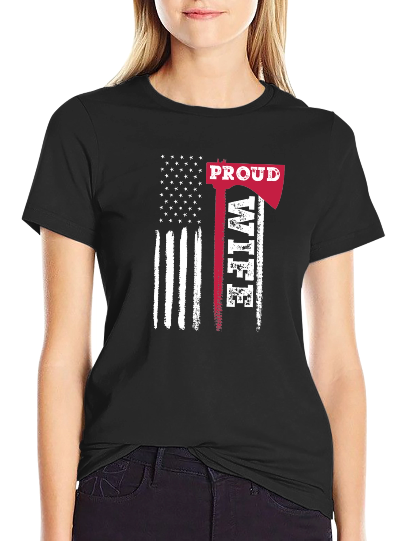 Proud Firefighter Wife T-Shirt - Axe American Flag Design