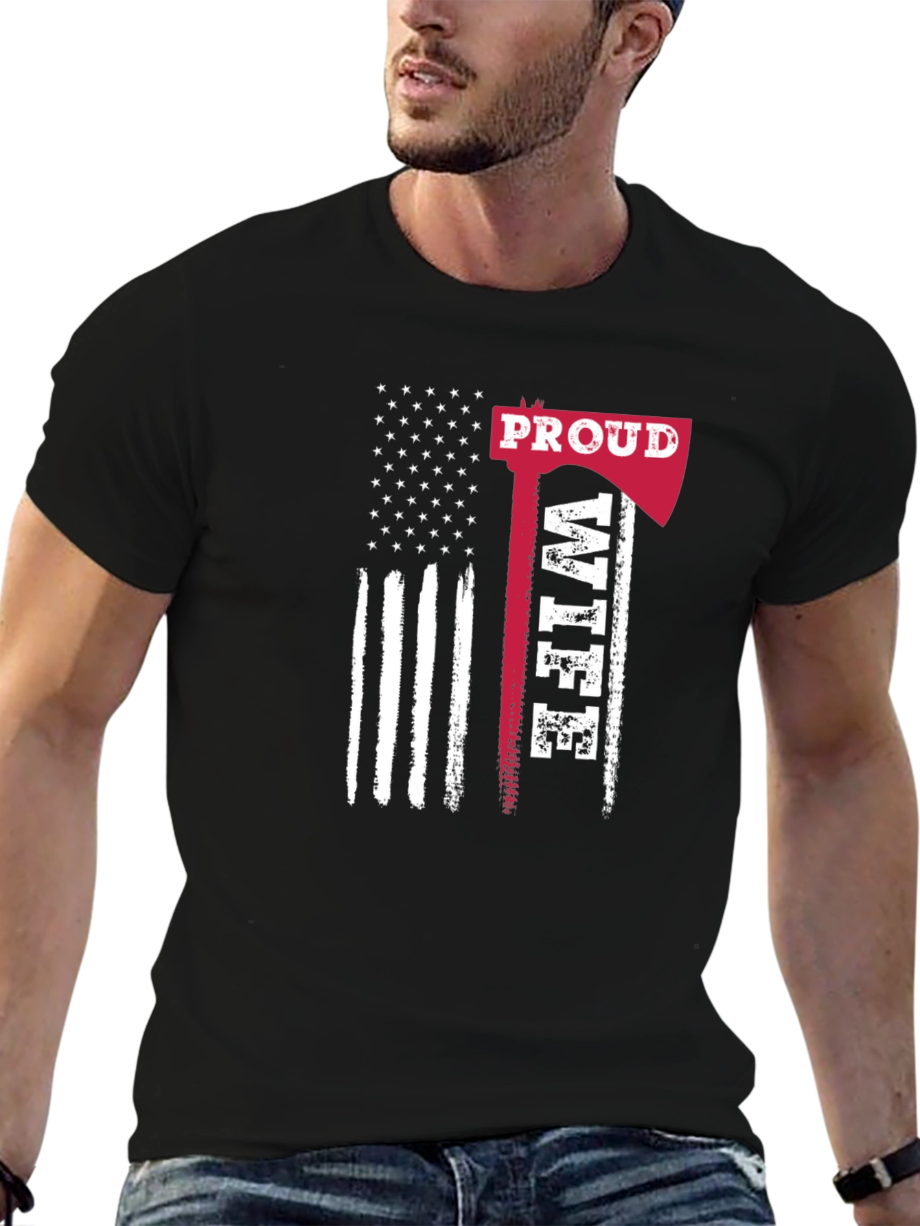 Proud Firefighter Wife T-Shirt - Axe American Flag Design