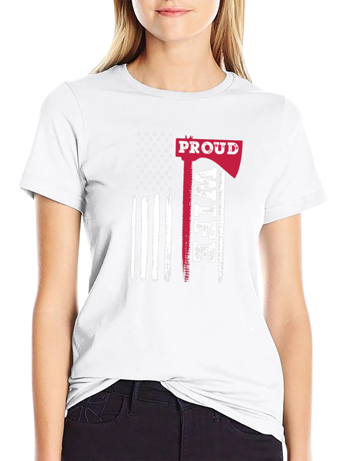 Proud Firefighter Wife T-Shirt - Axe American Flag Design
