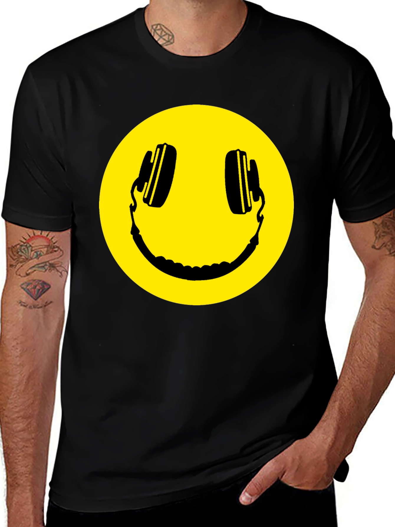 Smiley Face Headphones Black T-Shirt