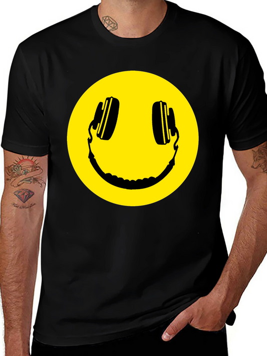 Smiley Face Headphones Black T-Shirt