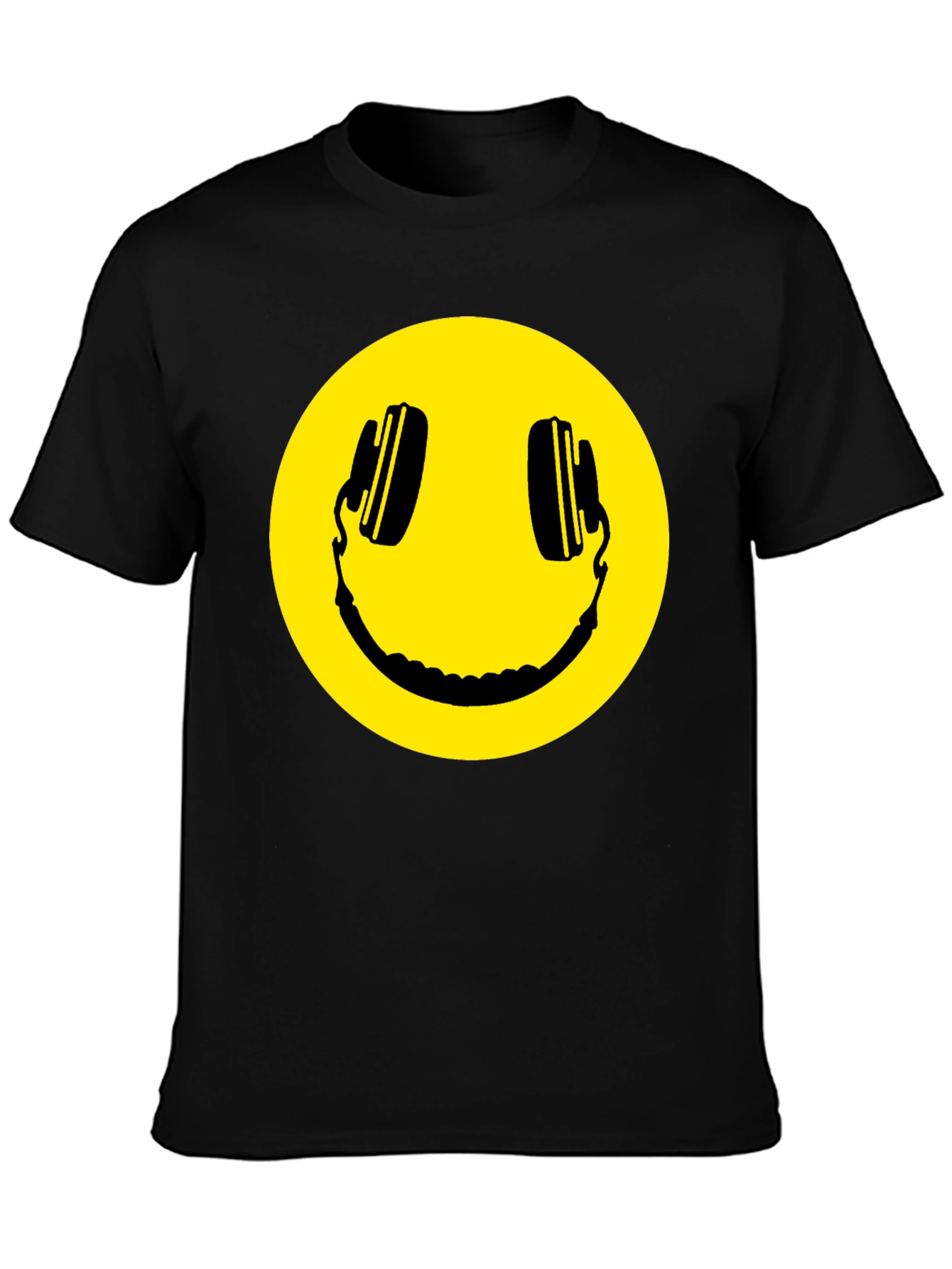 Smiley Face Headphones Black T-Shirt