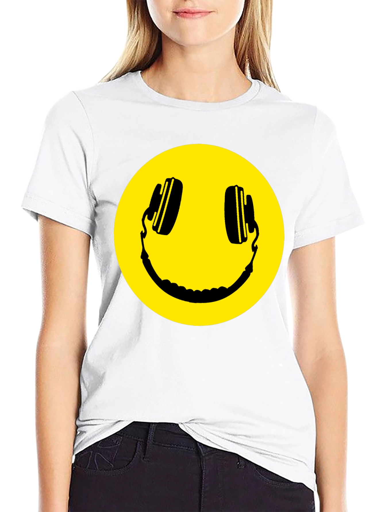 Smiley Face Headphones Black T-Shirt