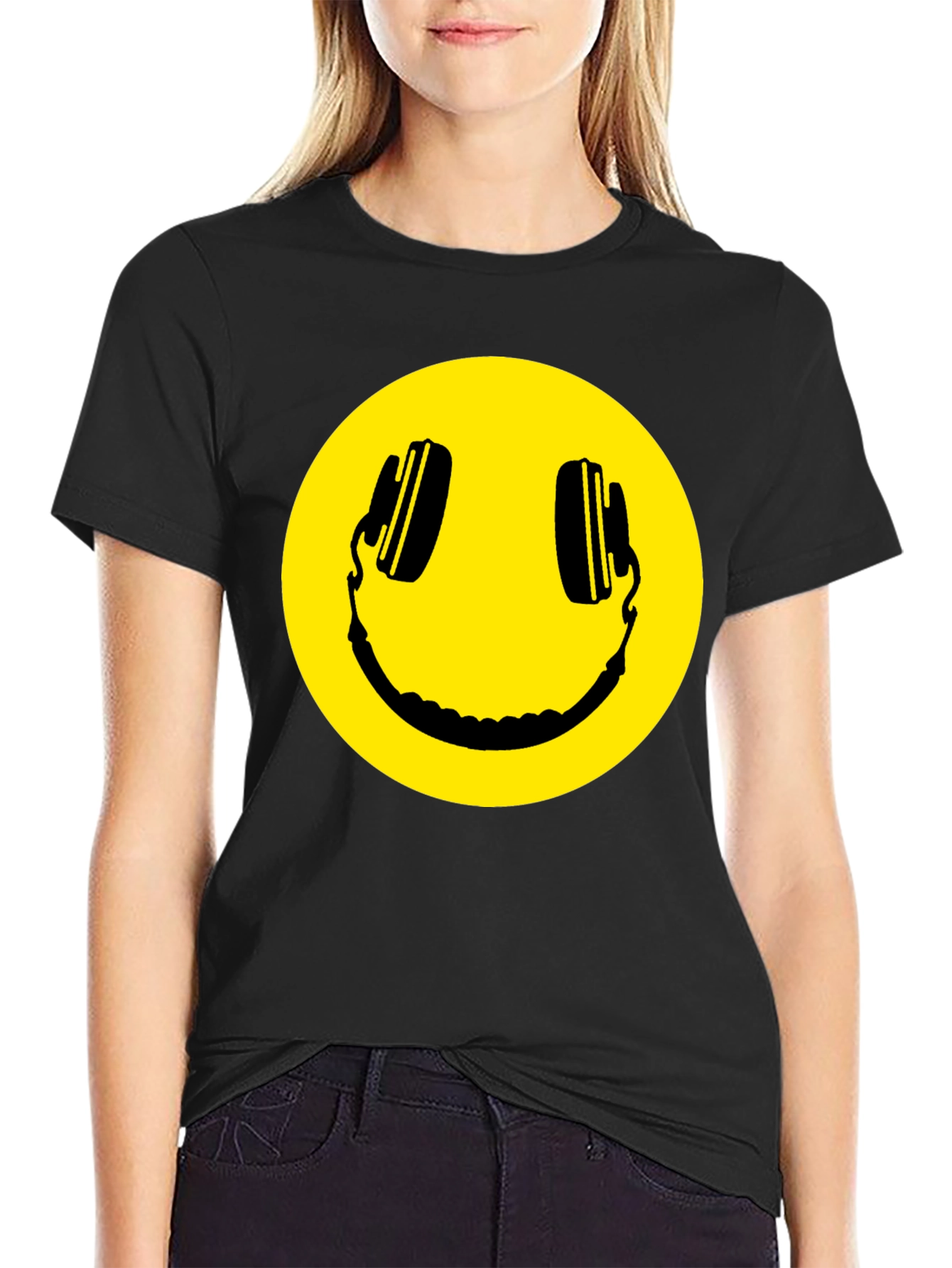 Smiley Face Headphones Black T-Shirt