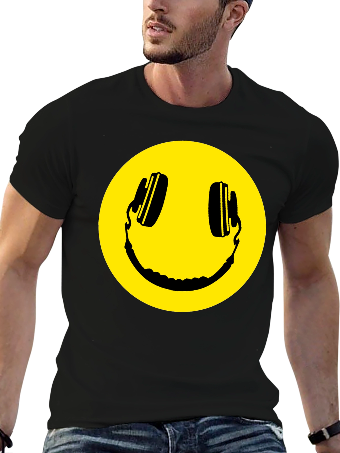 Smiley Face Headphones Black T-Shirt