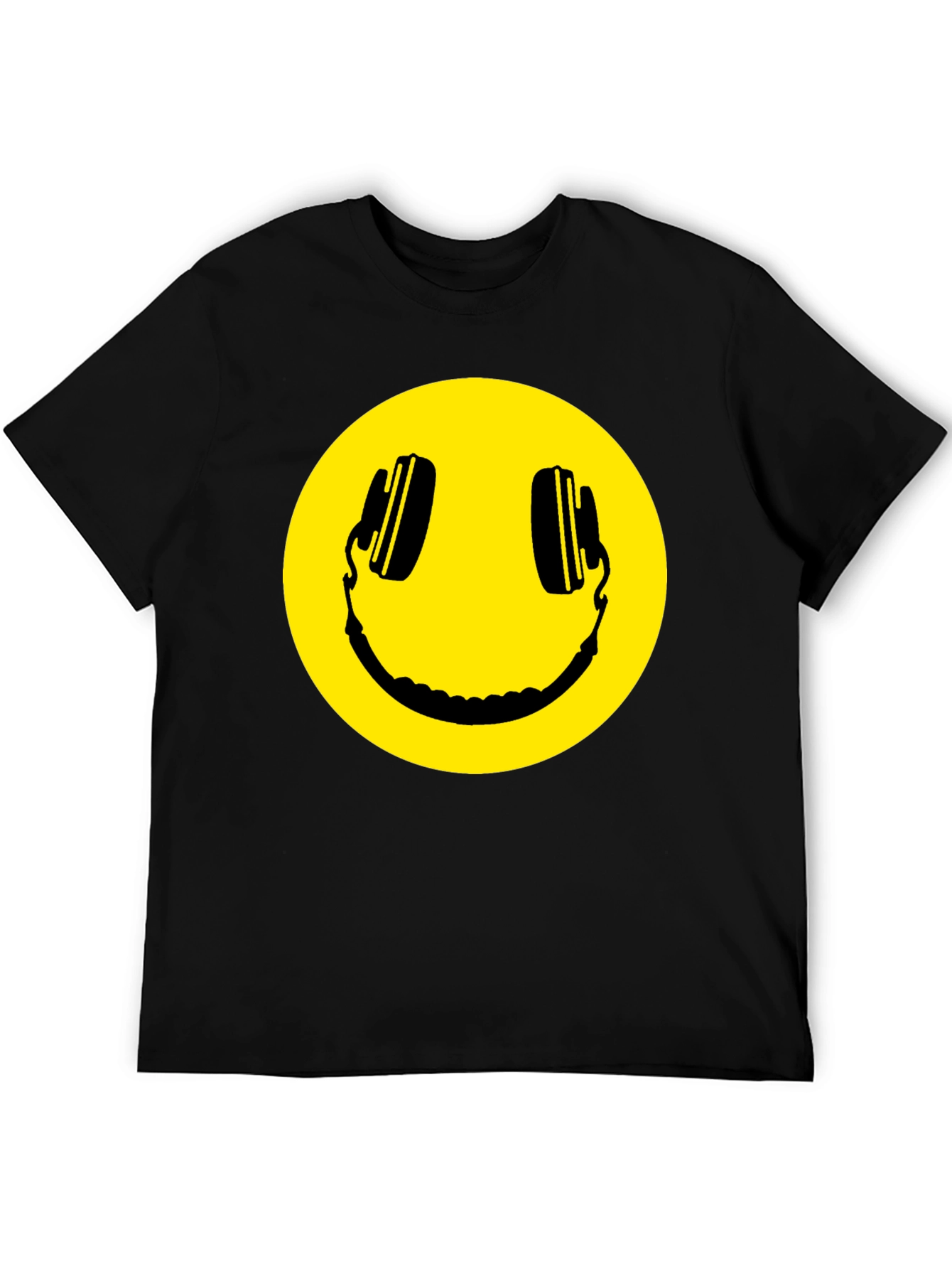 Smiley Face Headphones Black T-Shirt