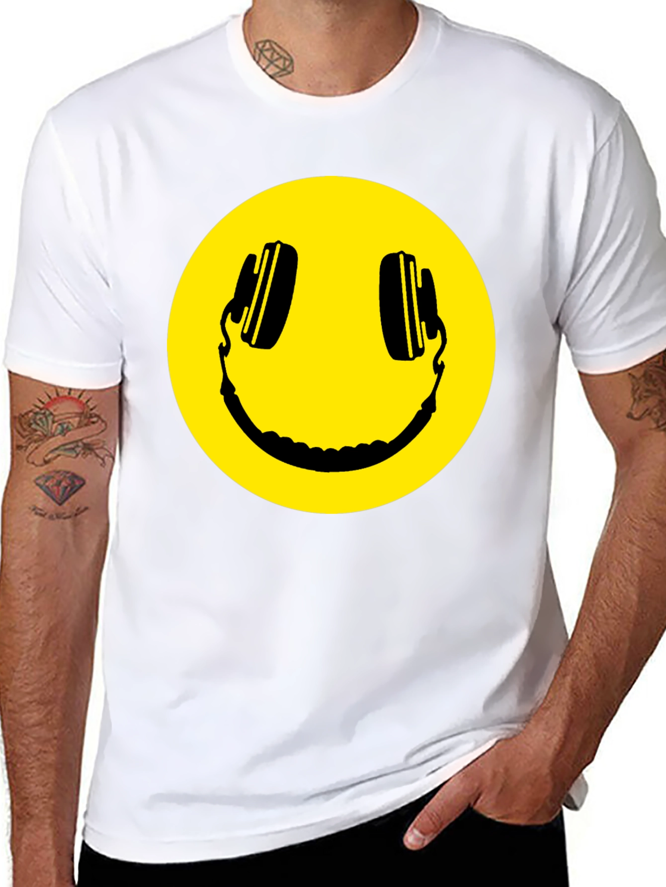 Smiley Face Headphones Black T-Shirt