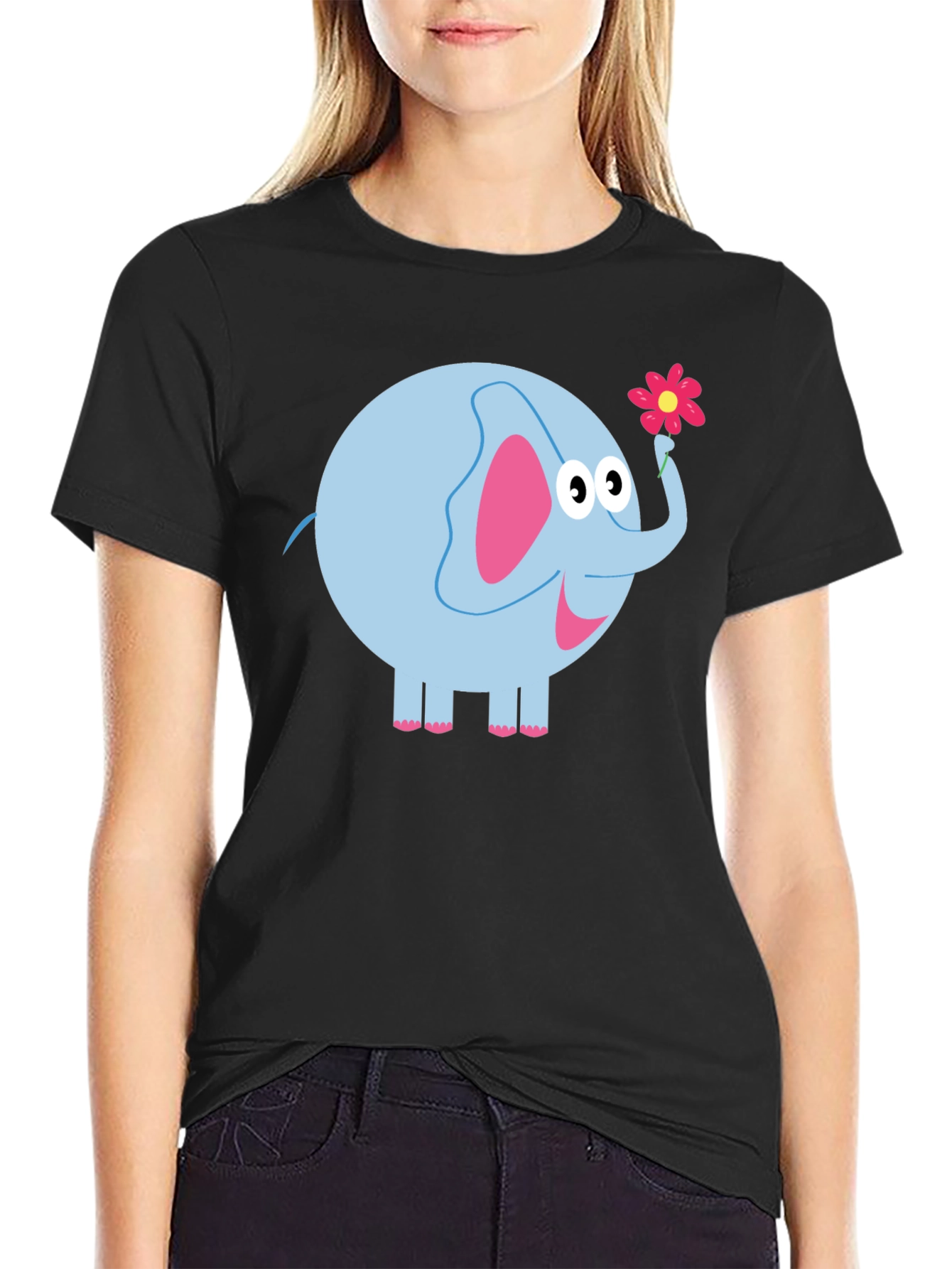 Cute Elephant Holding Flower Graphic Tee