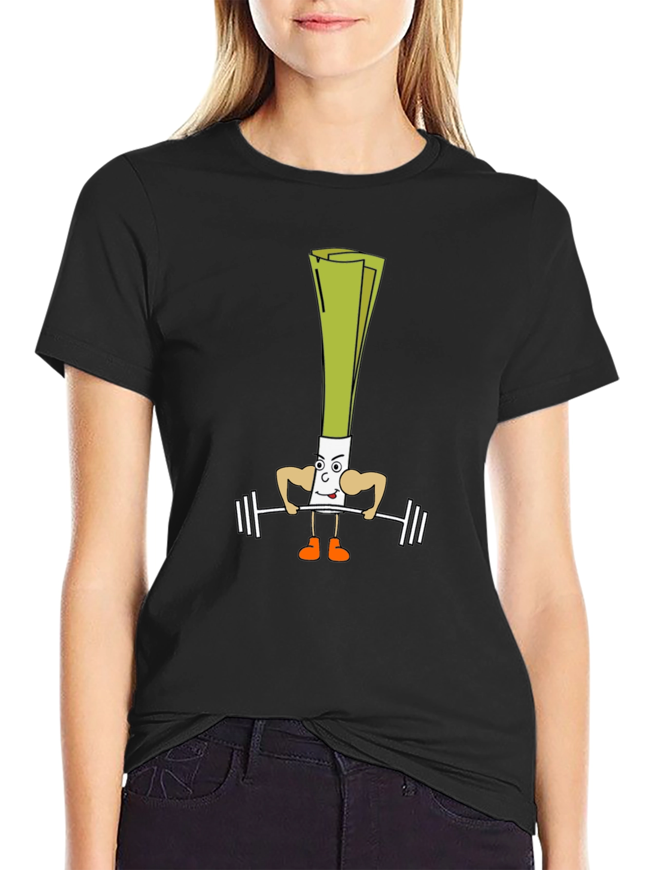 Leek Lifting Weights Cartoon Black T-Shirt
