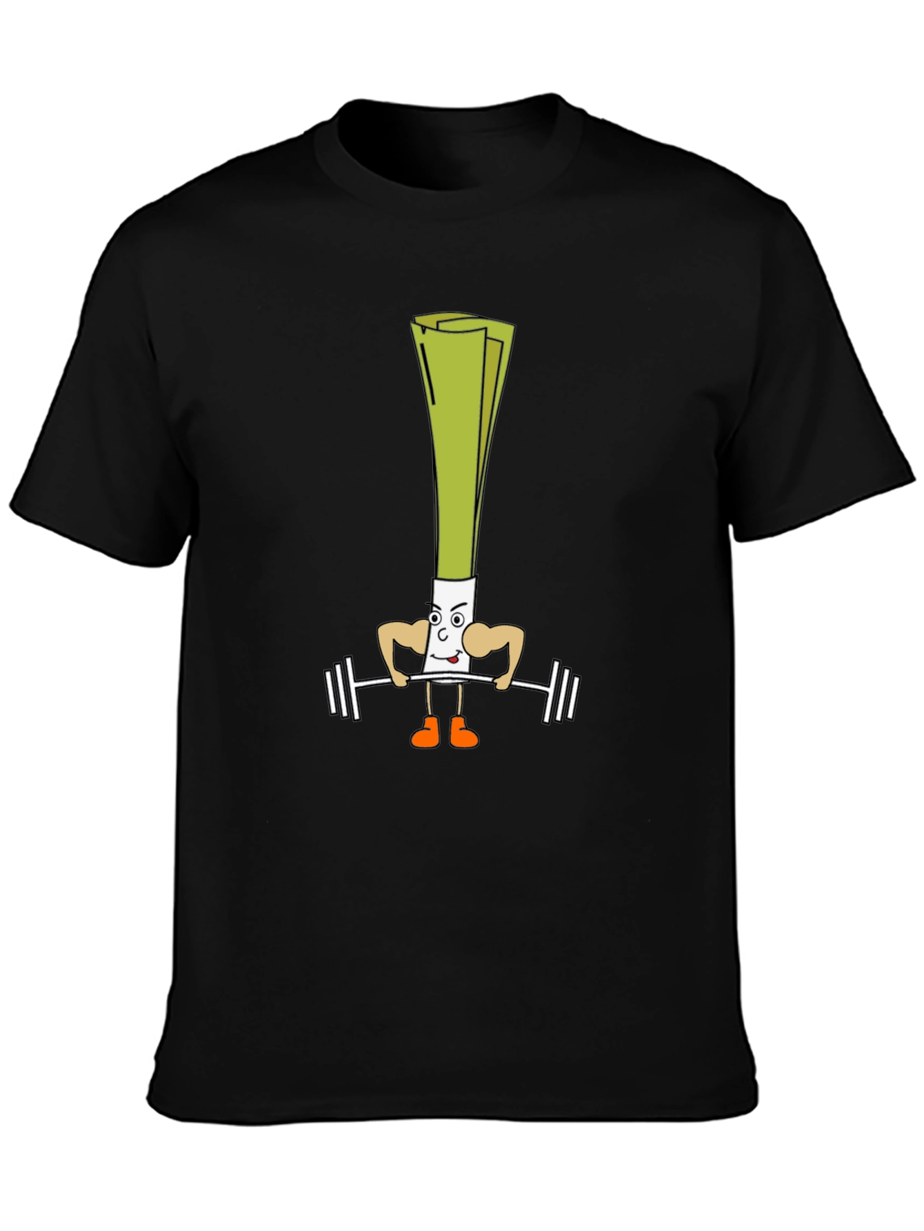 Leek Lifting Weights Cartoon Black T-Shirt