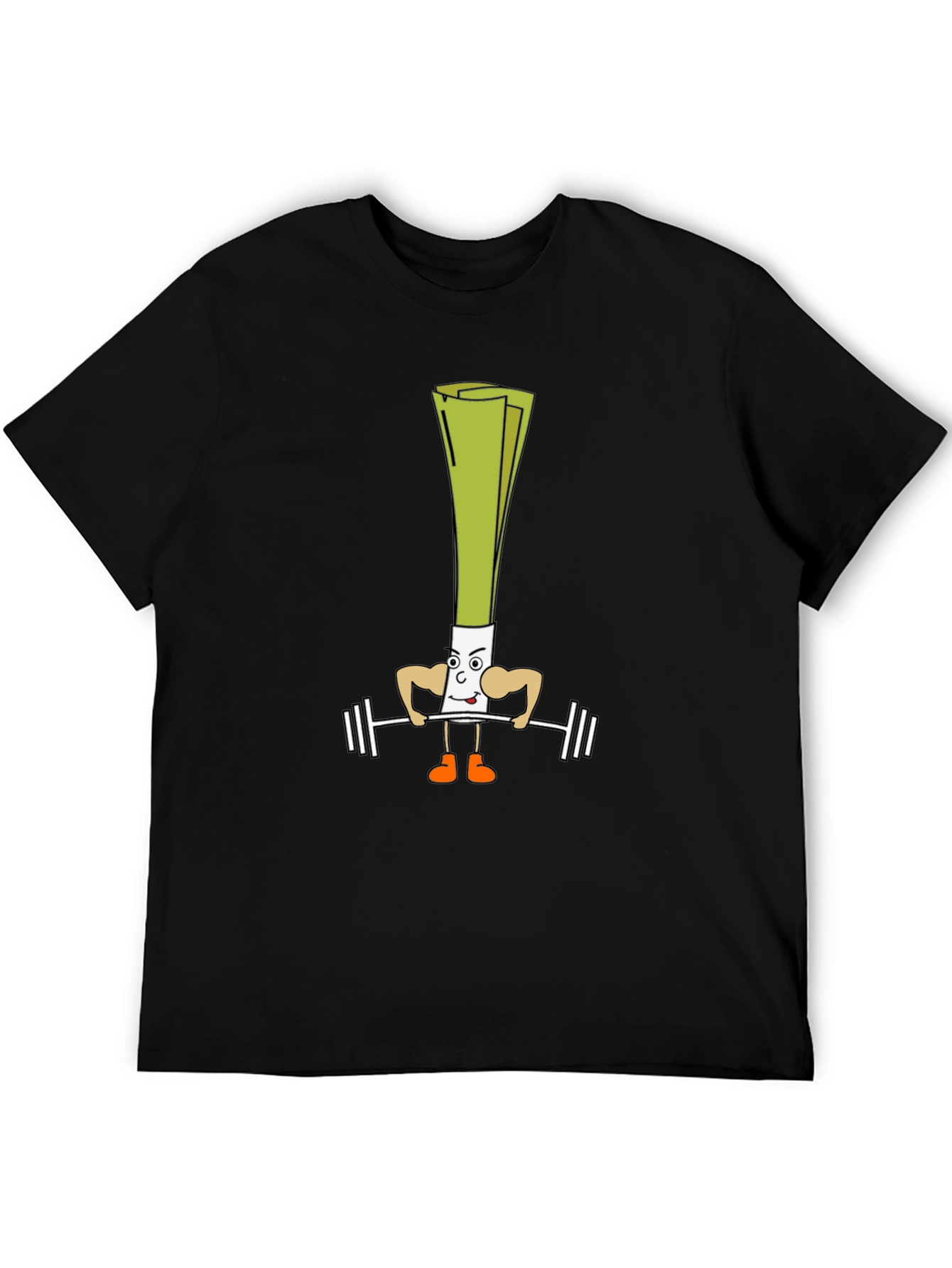 Leek Lifting Weights Cartoon Black T-Shirt