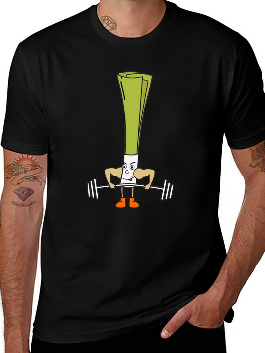 Leek Lifting Weights Cartoon Black T-Shirt