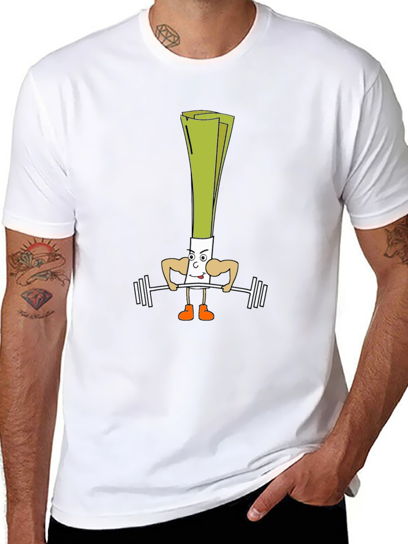 Leek Lifting Weights Cartoon Black T-Shirt