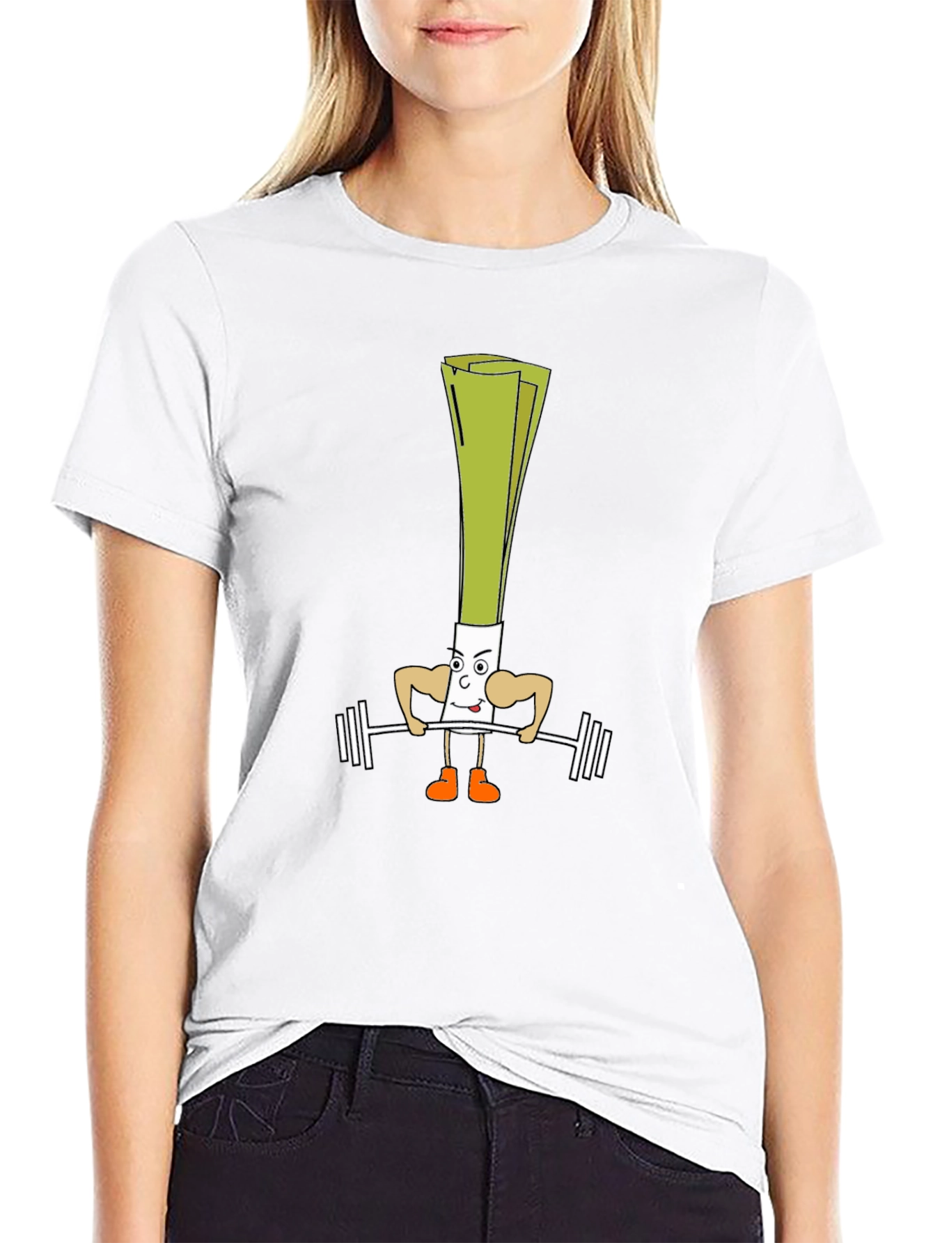 Leek Lifting Weights Cartoon Black T-Shirt