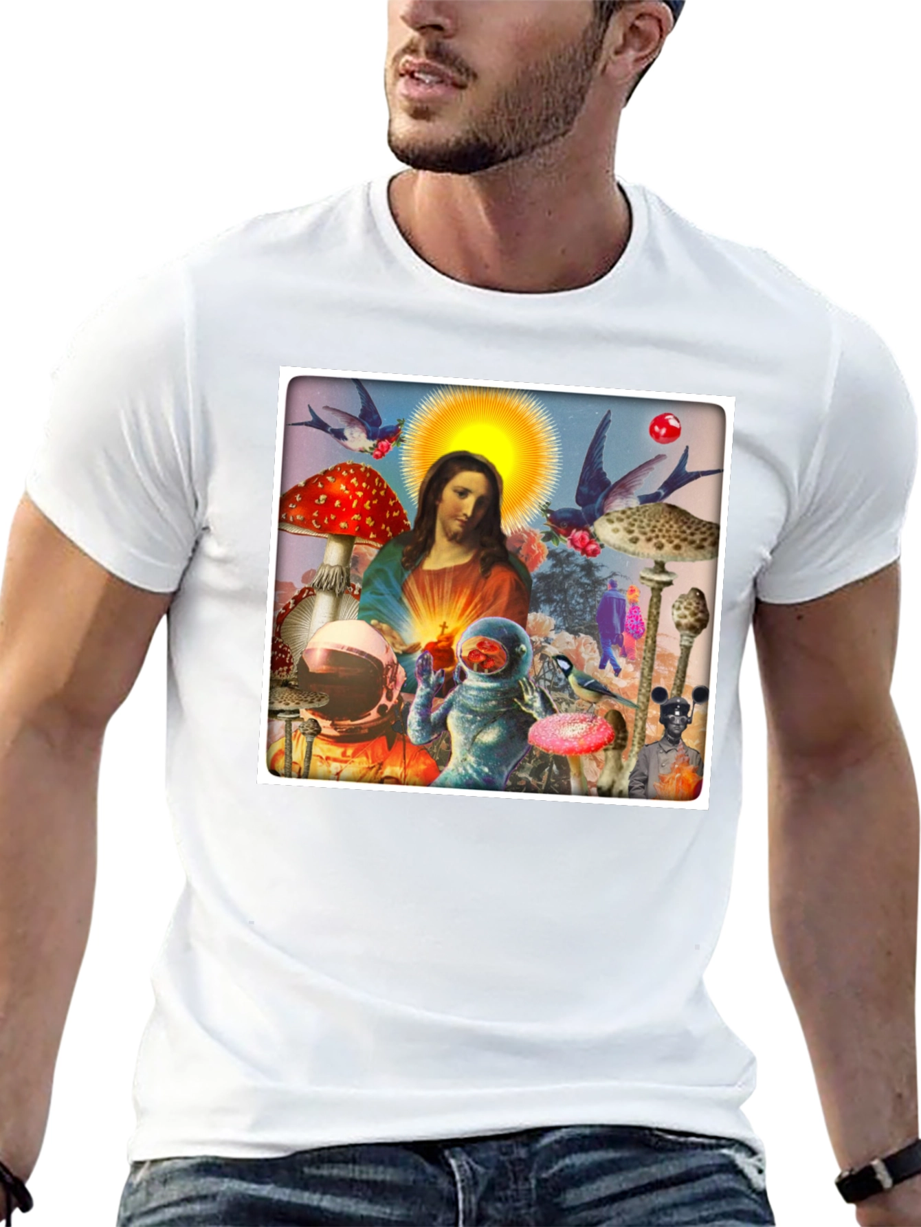 Surreal Jesus Astronaut Mushroom T-Shirt