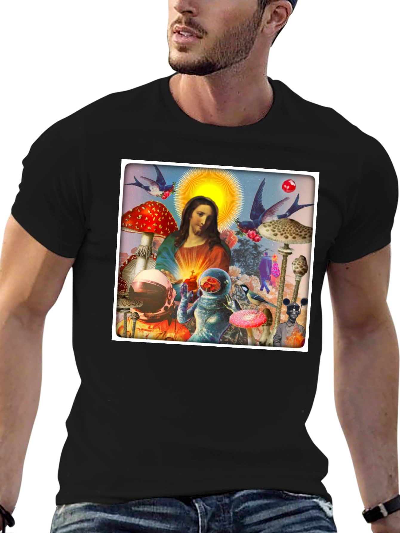 Surreal Jesus Astronaut Mushroom T-Shirt