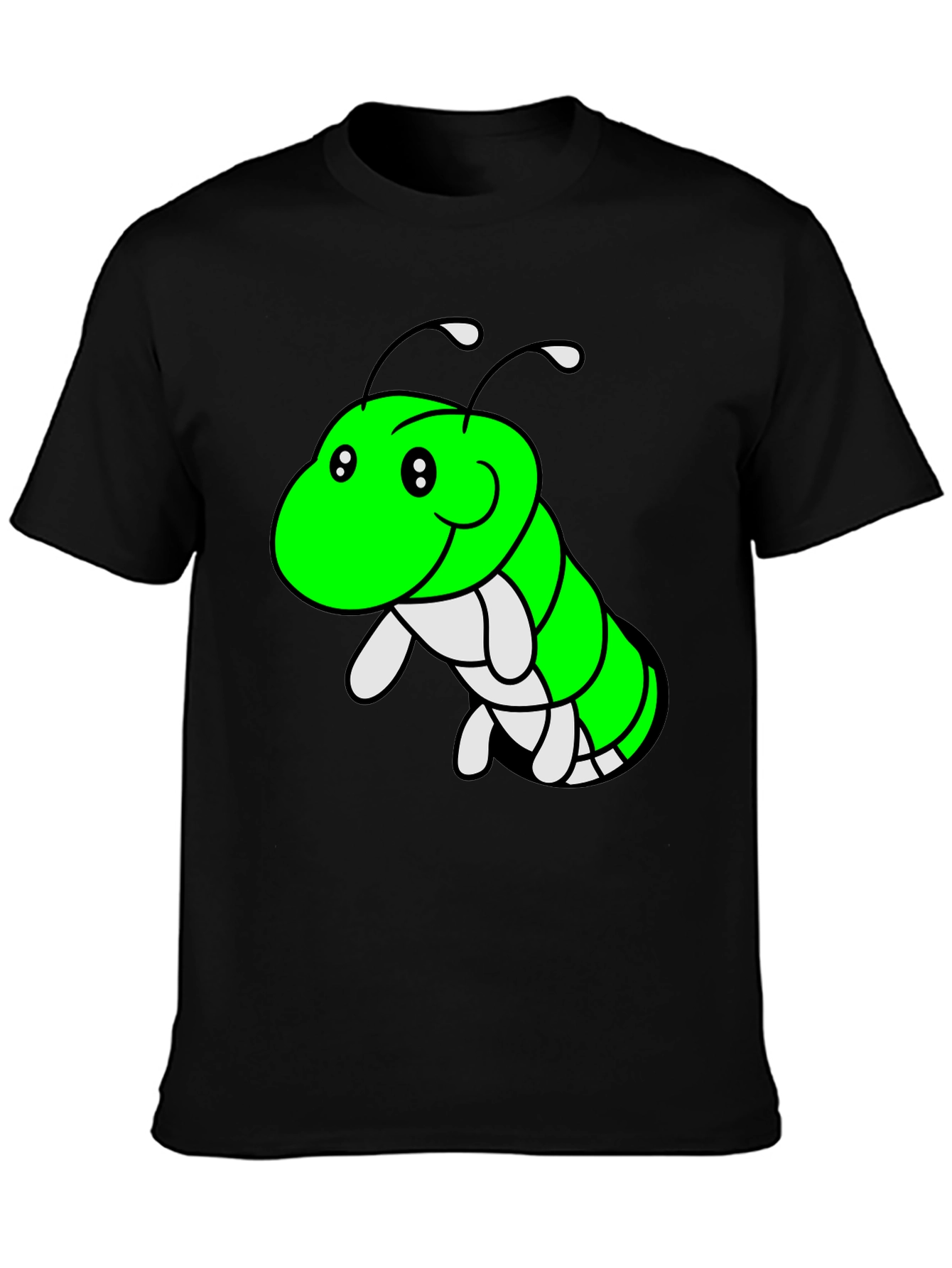 Cartoon Caterpillar Graphic Tee - Black Cotton T-Shirt