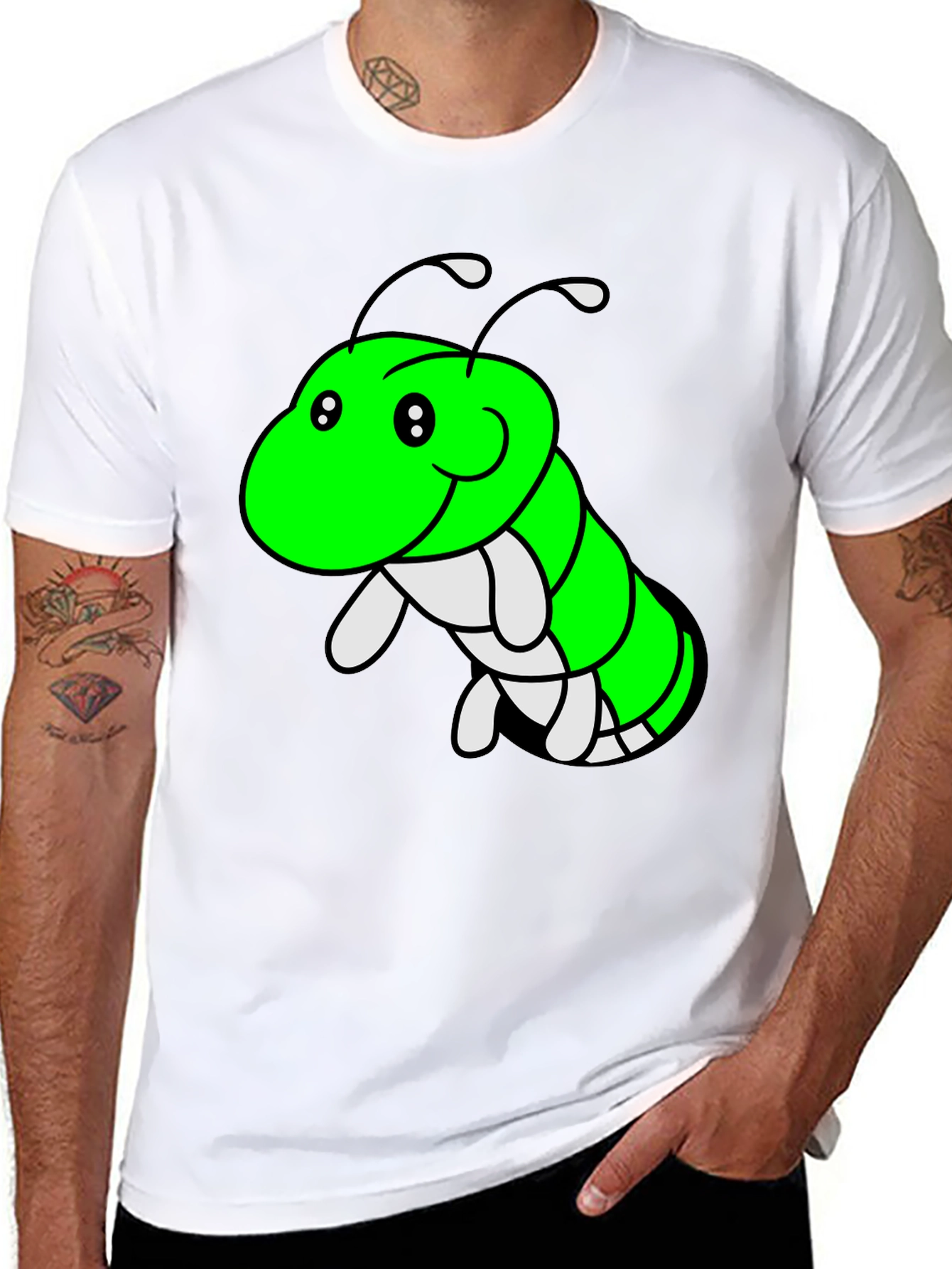 Cartoon Caterpillar Graphic Tee - Black Cotton T-Shirt