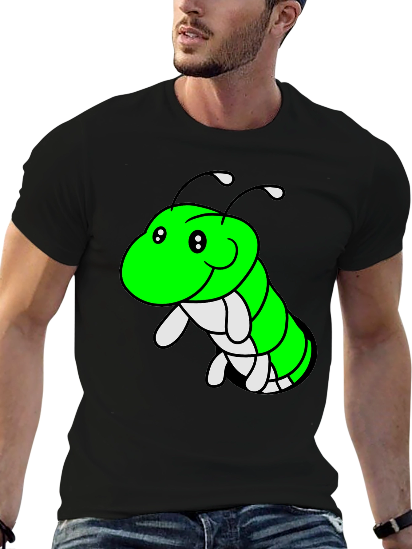 Cartoon Caterpillar Graphic Tee - Black Cotton T-Shirt