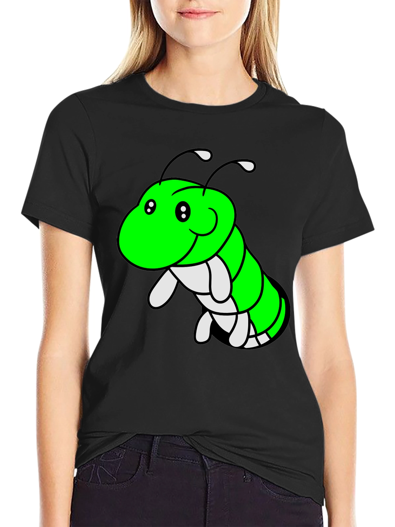 Cartoon Caterpillar Graphic Tee - Black Cotton T-Shirt