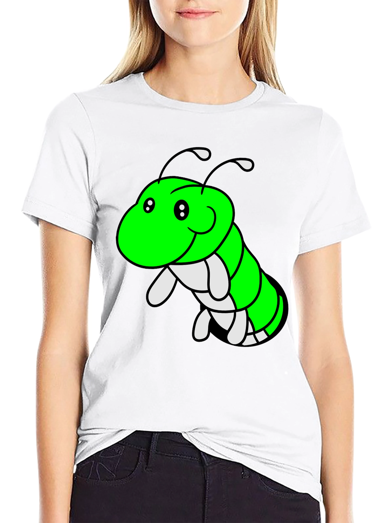 Cartoon Caterpillar Graphic Tee - Black Cotton T-Shirt
