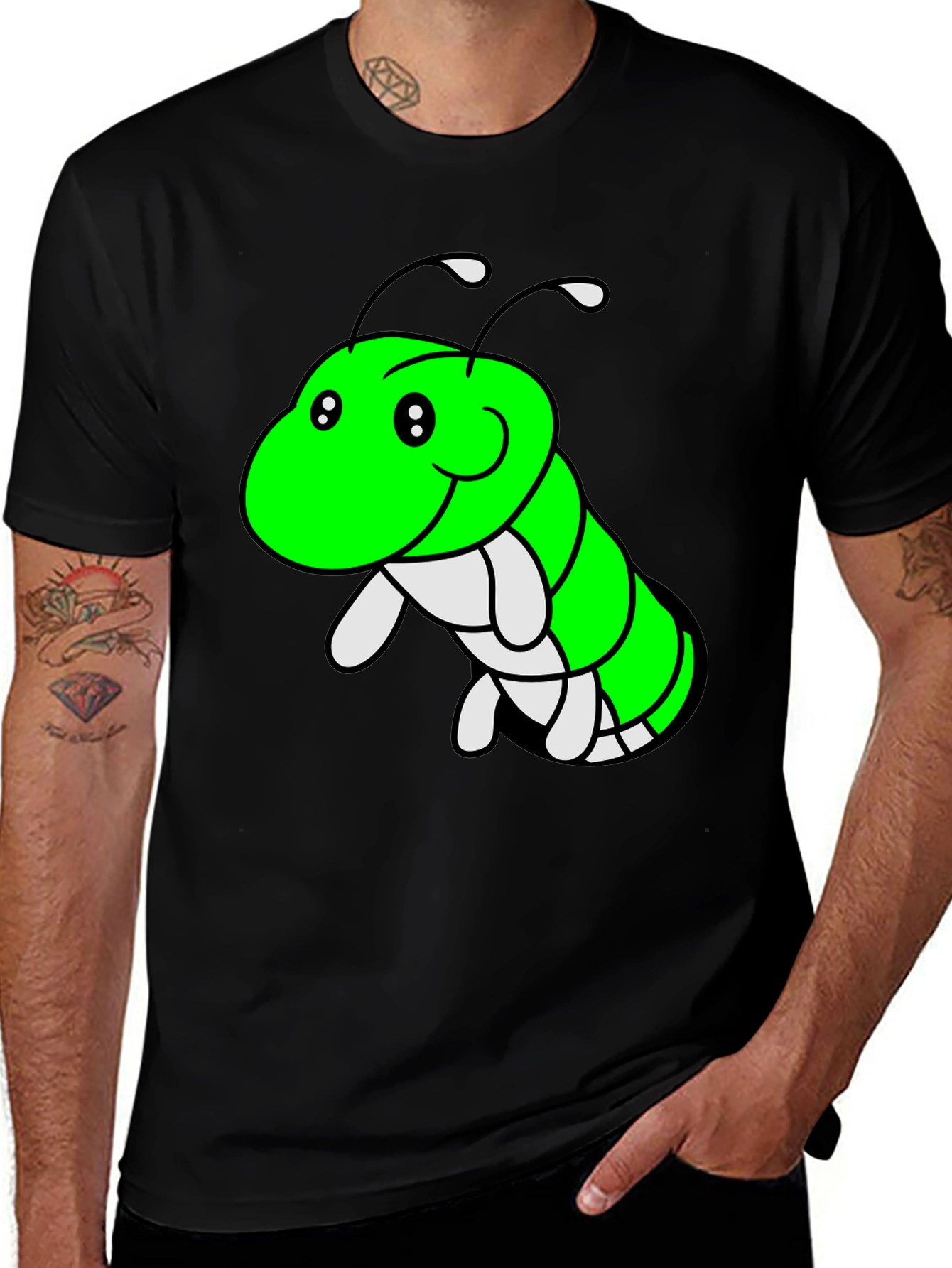 Cartoon Caterpillar Graphic Tee - Black Cotton T-Shirt