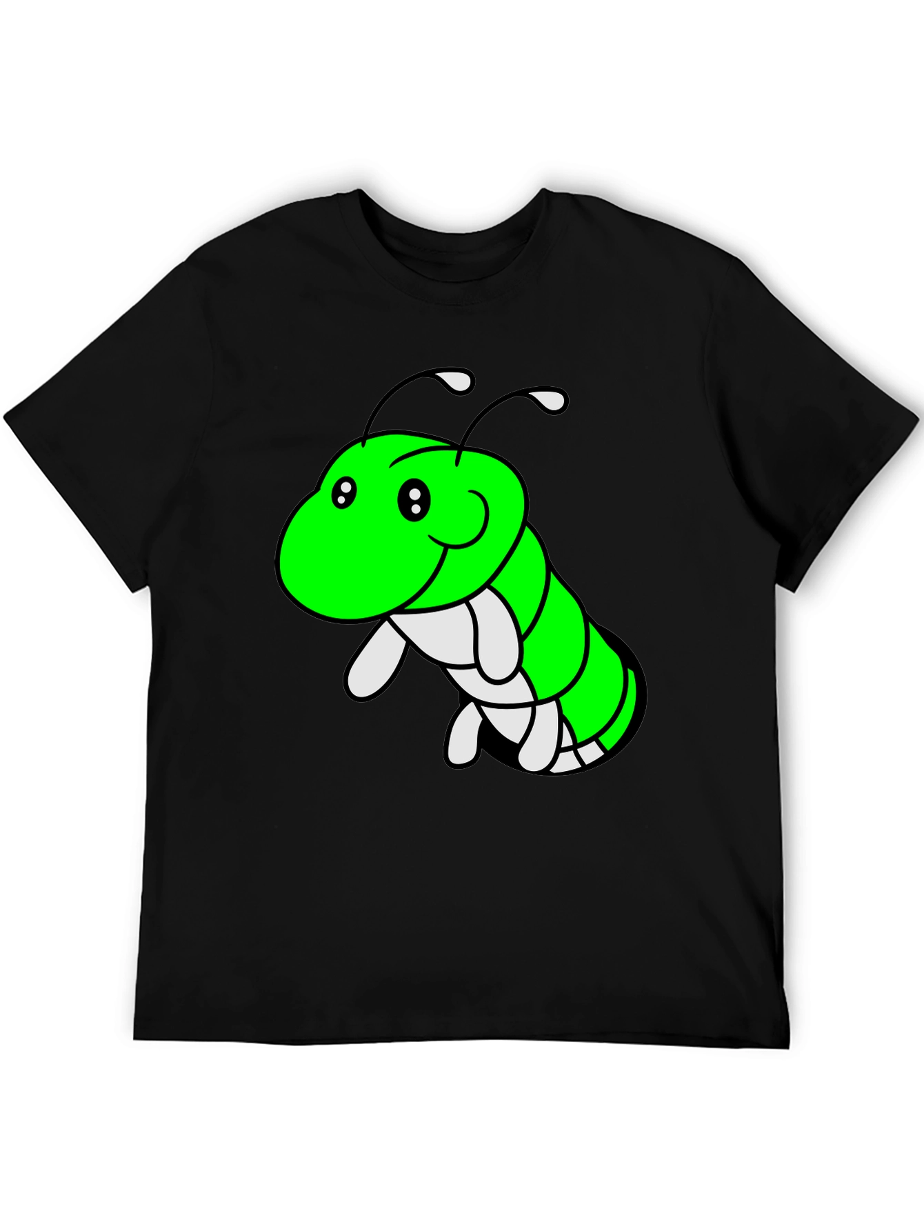 Cartoon Caterpillar Graphic Tee - Black Cotton T-Shirt