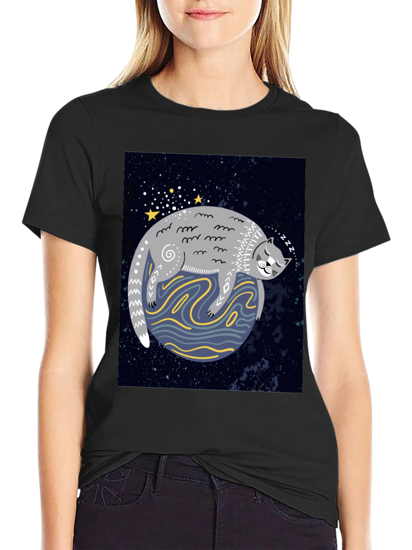 Cosmic Cat Nap T-Shirt - Black Cotton Tee