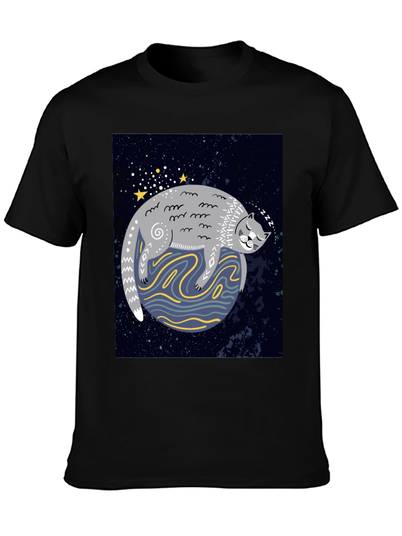 Cosmic Cat Nap T-Shirt - Black Cotton Tee