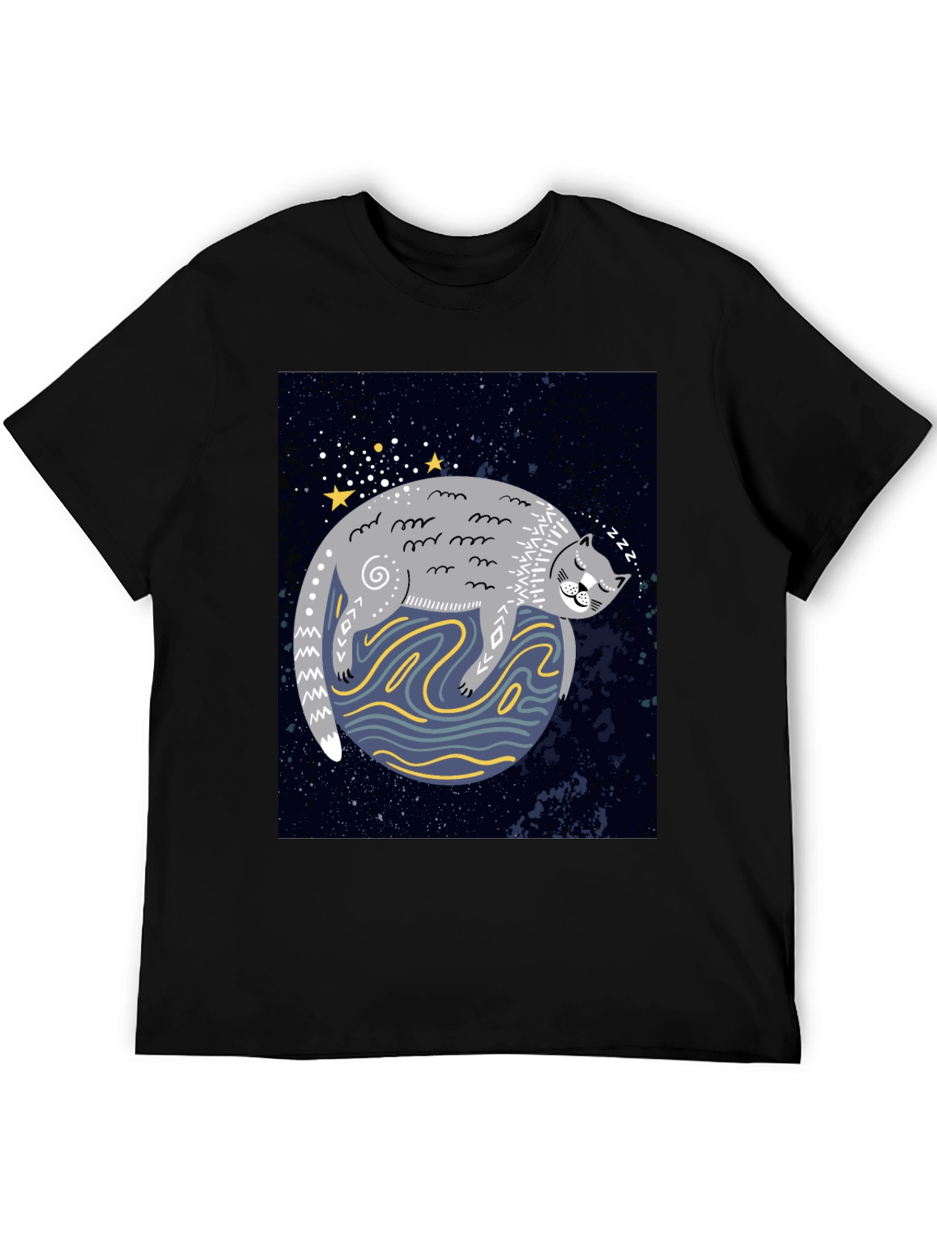 Cosmic Cat Nap T-Shirt - Black Cotton Tee