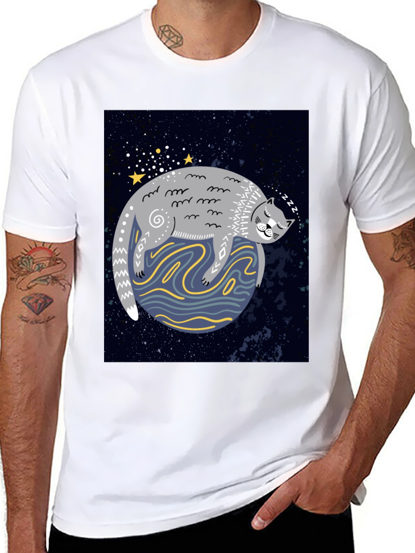 Cosmic Cat Nap T-Shirt - Black Cotton Tee