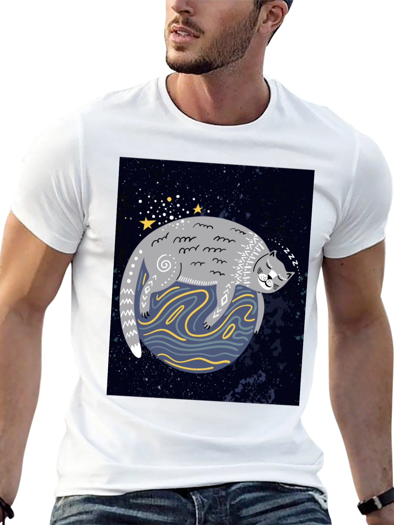 Cosmic Cat Nap T-Shirt - Black Cotton Tee