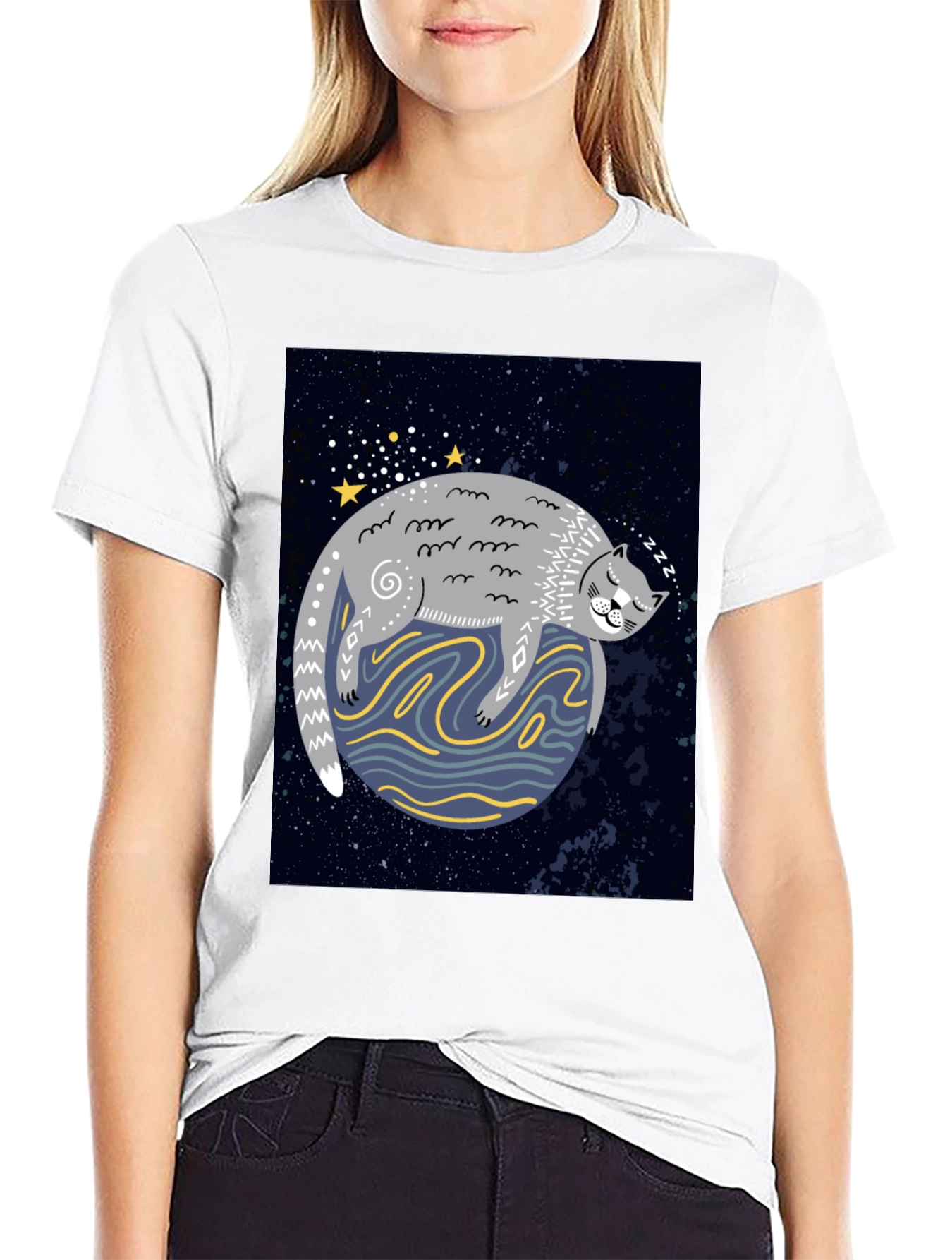Cosmic Cat Nap T-Shirt - Black Cotton Tee