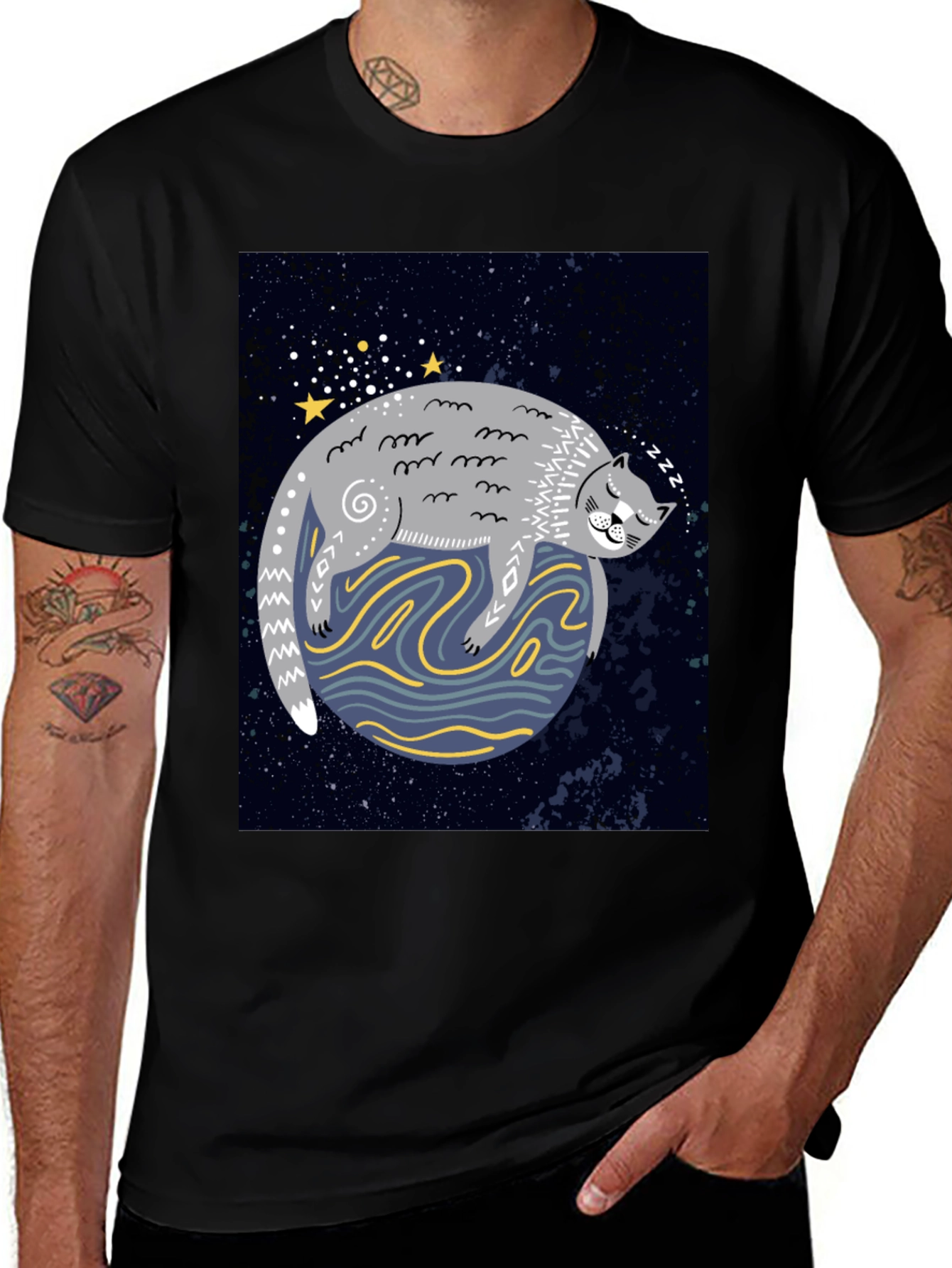 Cosmic Cat Nap T-Shirt - Black Cotton Tee