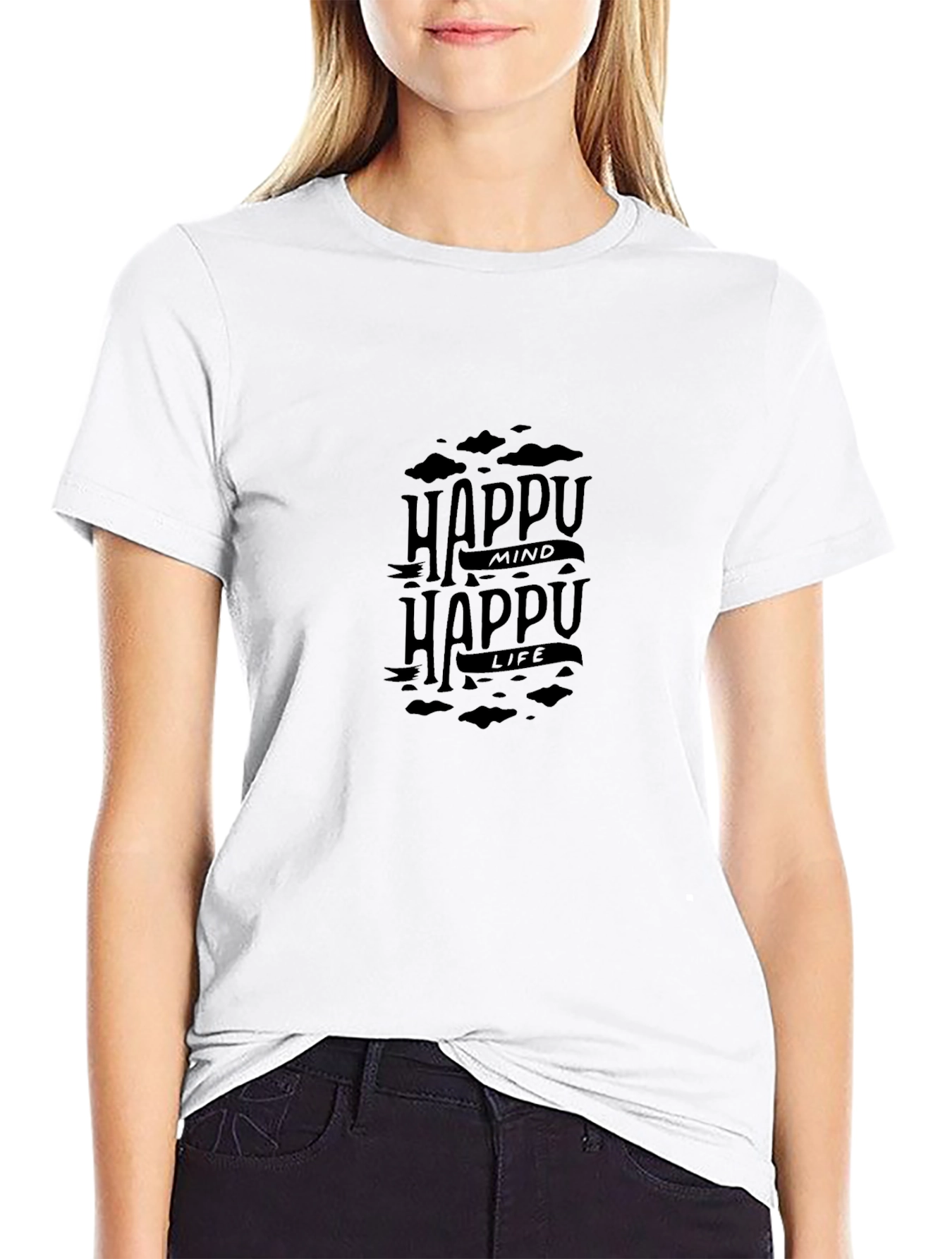 Happy Mind Happy Life Black Graphic T-Shirt
