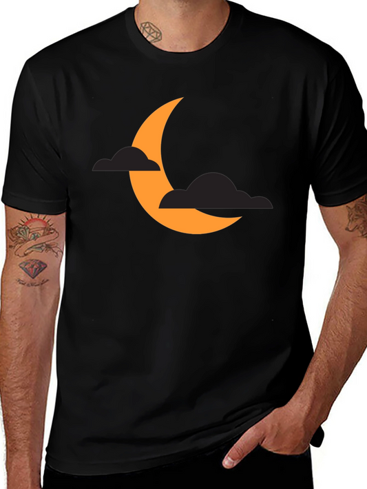 Crescent Moon & Clouds Graphic Tee - Black Cotton Blend