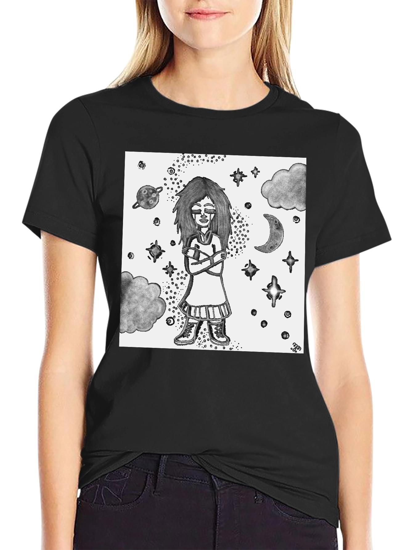Celestial Girl Graphic Tee - Unisex Black Cotton T-Shirt
