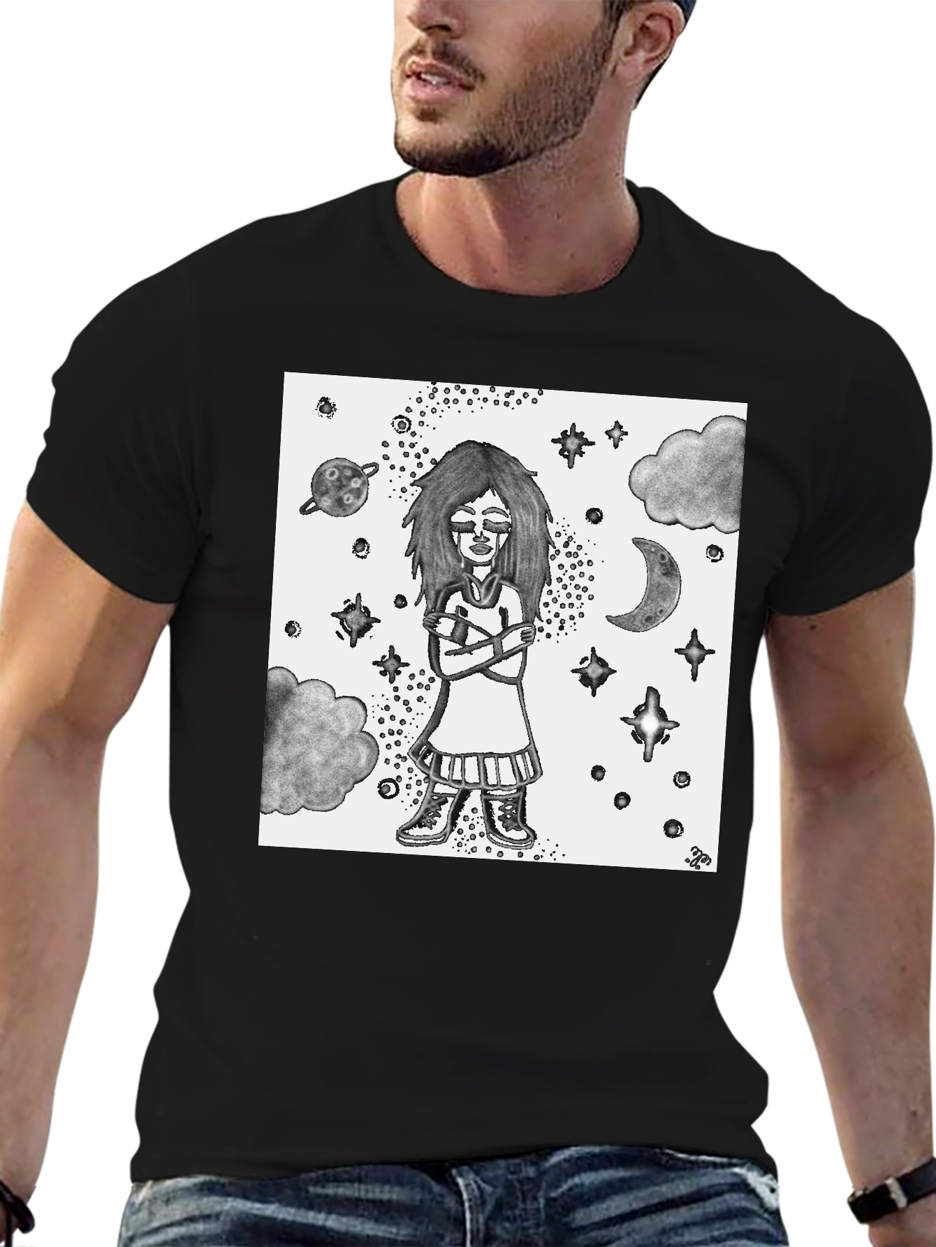 Celestial Girl Graphic Tee - Unisex Black Cotton T-Shirt