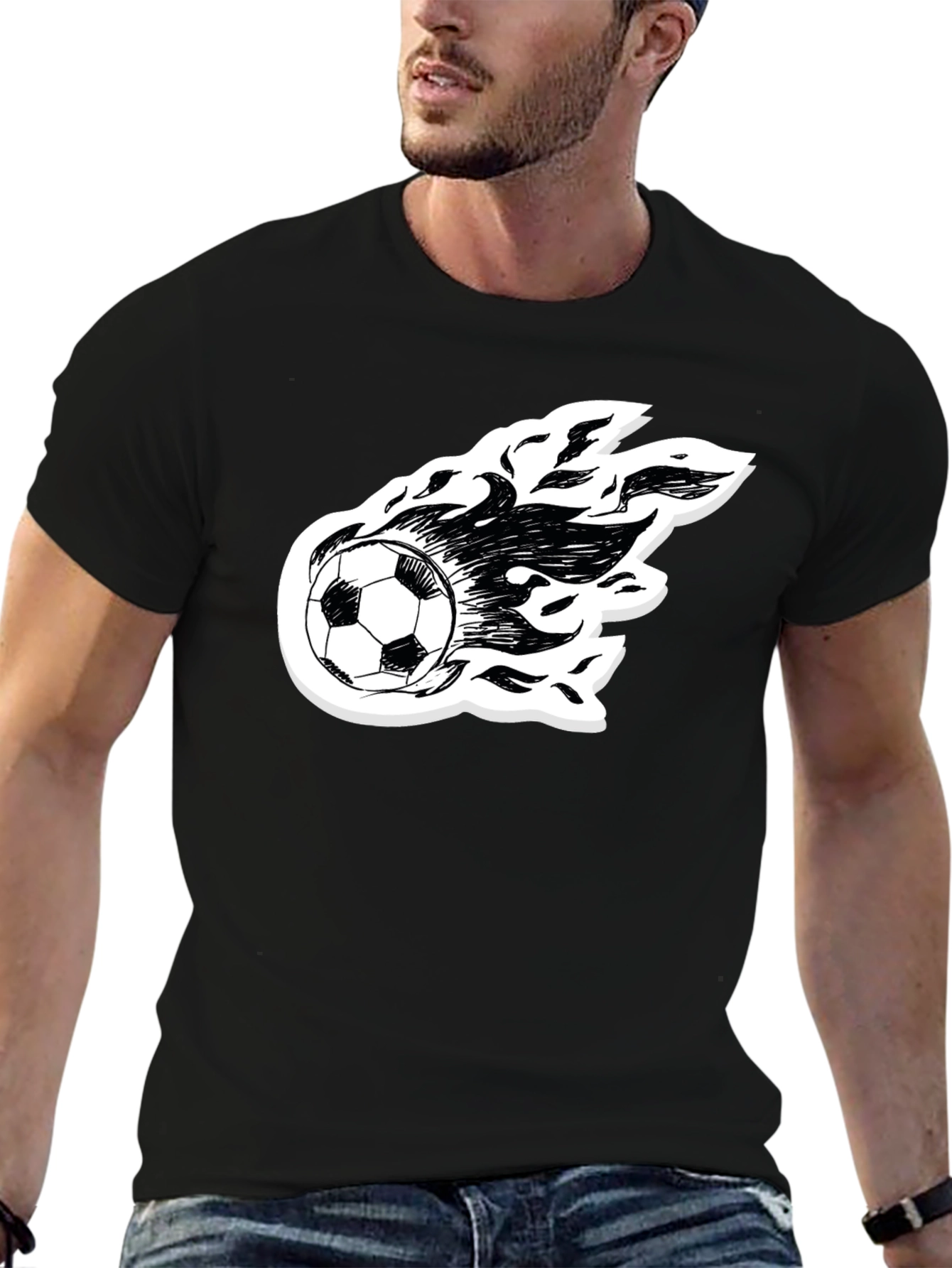 Flaming Soccer Ball Graphic Tee - Black Cotton Shirt